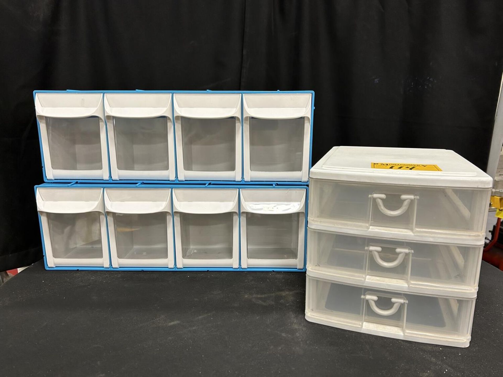 POLY HARDWARE ASSORTMENT BINS, AND POLY 3-DRAWER CABINET