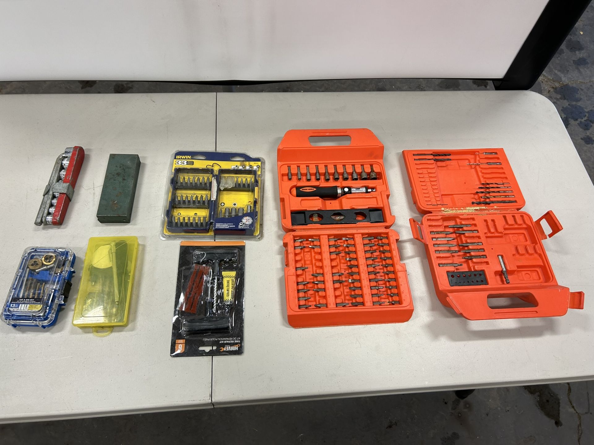 ASSORTED DRIVER BITS, TAP & DIE SET, TIRE PLUG KIT, ETC.