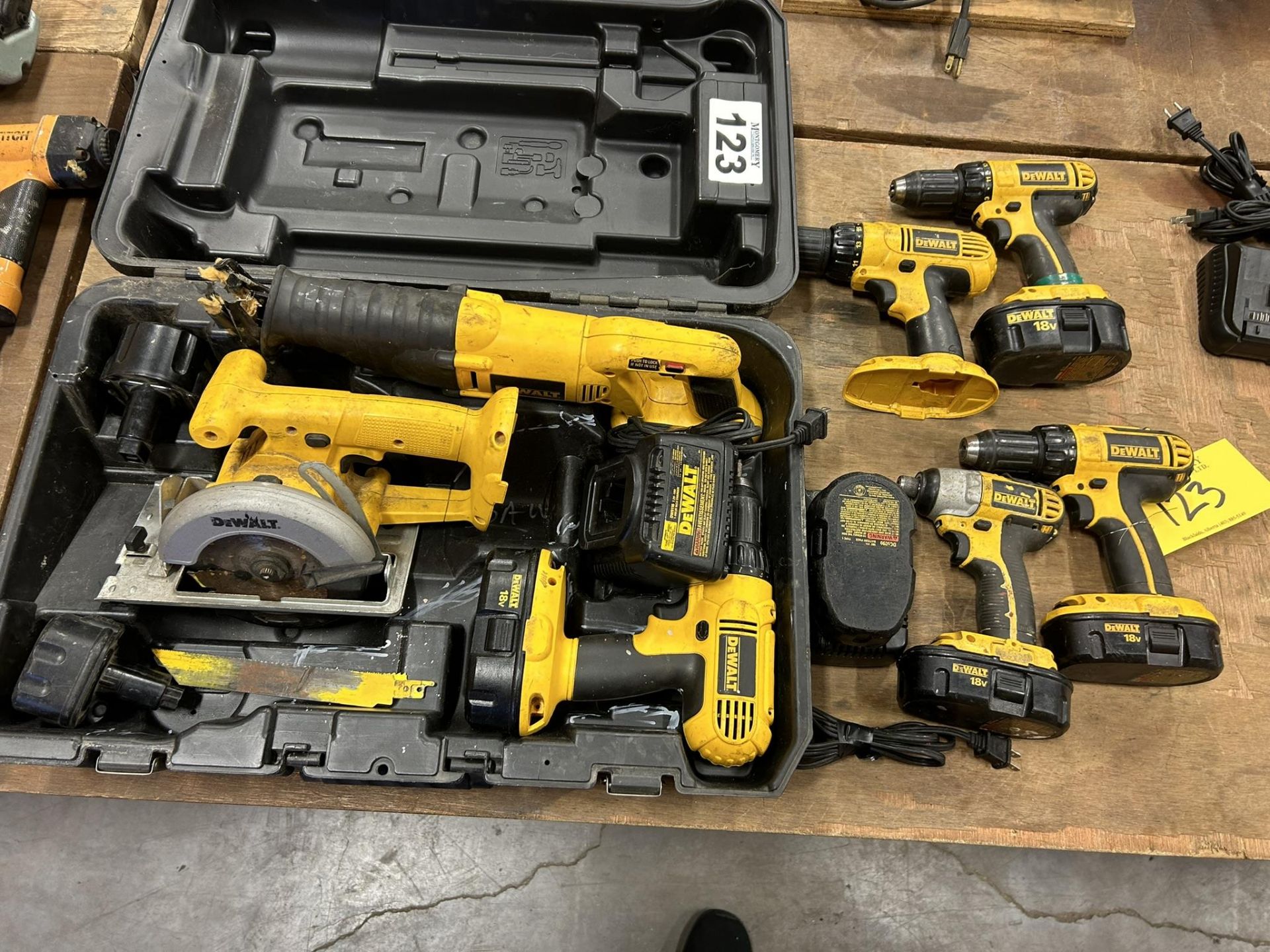 DEWALT 18V CORDLESS KIT W/ ASSORTED BATTERIES AND CHARGERS