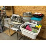ASSORTED KITCHEN ITEMS, DRYING RACKS, BOWLS, ETC.