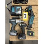 MAKITA CORDLESS HACK SAW, DRILL, IMPACT DRIVER W/ BATTERIES AND CHARGER