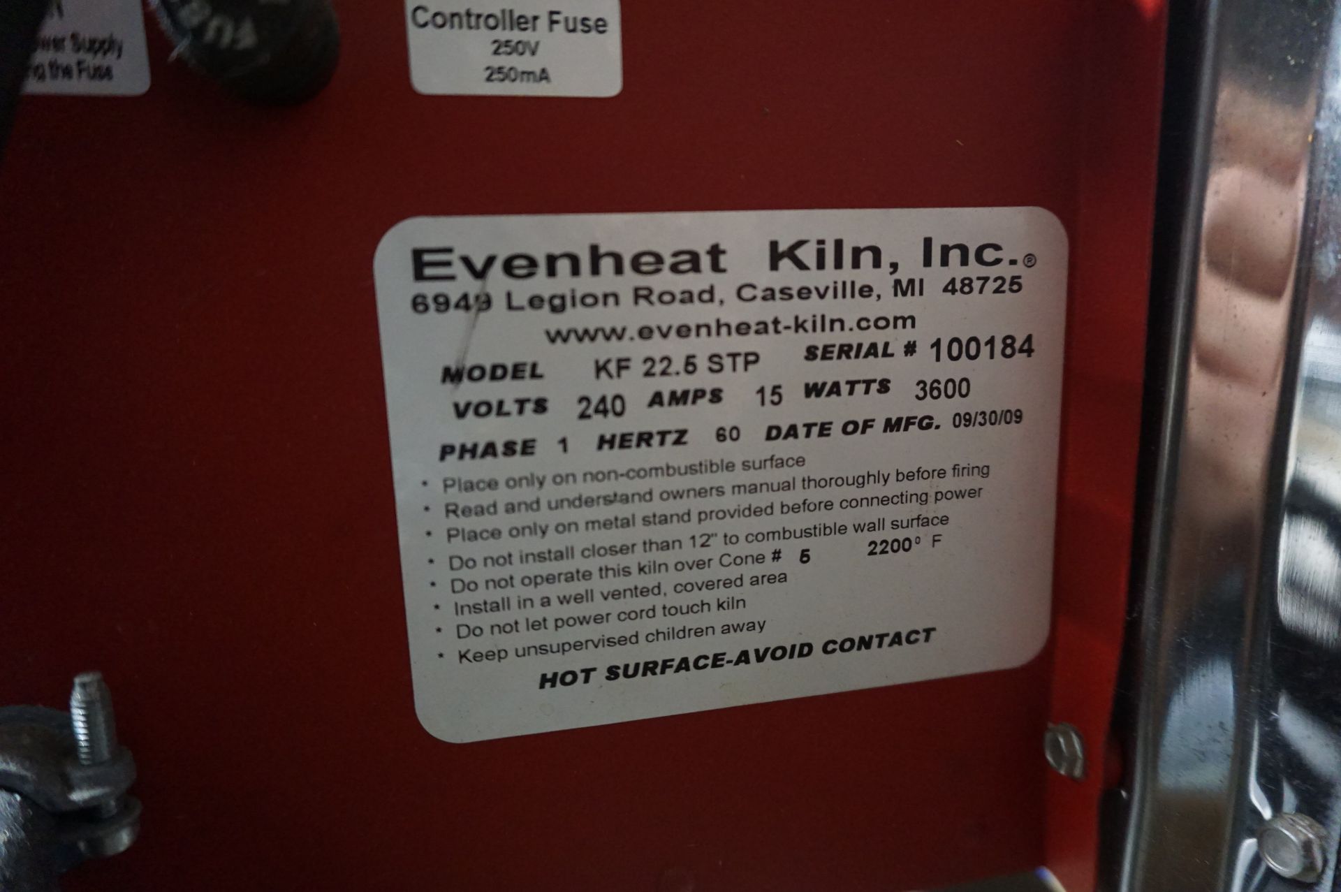 2009 EVENHEAT KILN MODEL KF22.5STP, S/N 100184, WITH SETTEMP CONTROL, 240V, 15A, 3600 W, 1 PH, 60 HZ - Image 3 of 5