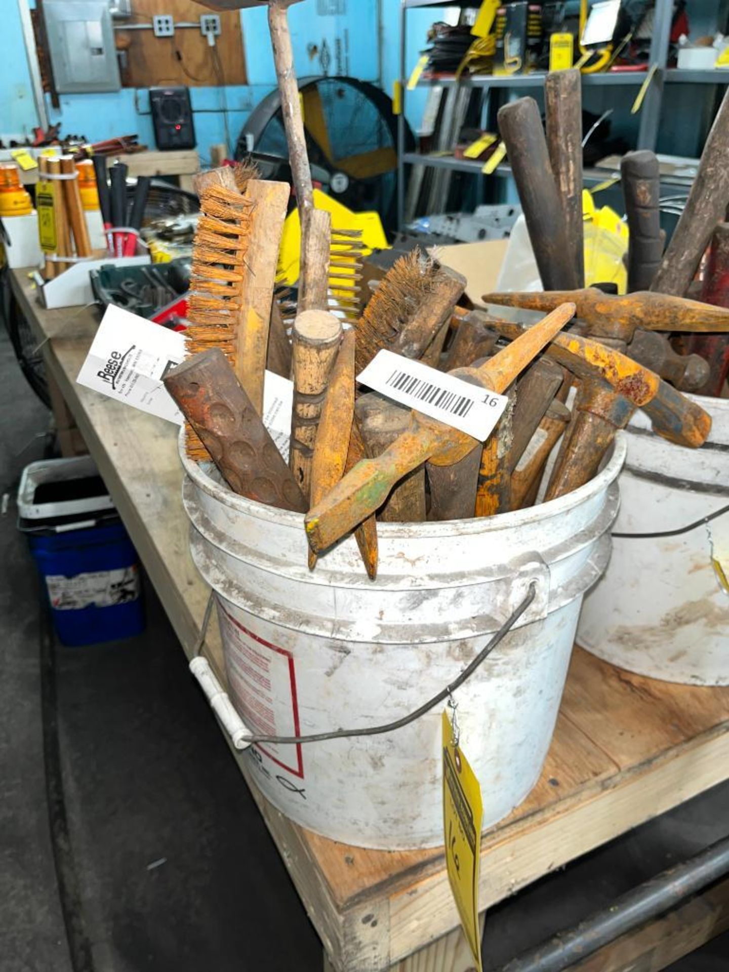 Bucket of Pick Axes, Brushes, & Assorted