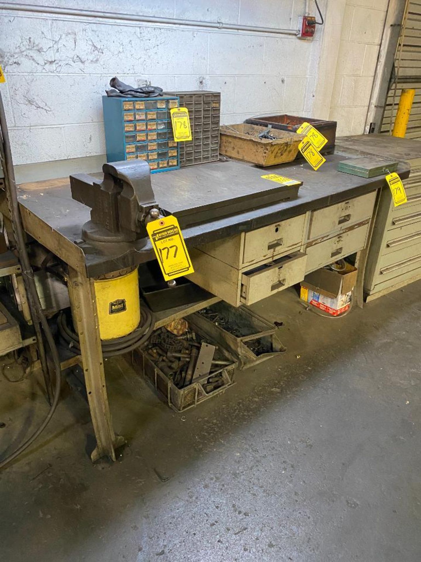 Butcher Block Workbench, 6' x 3', w/ 8" Bench-Vise, & Shelf w/ Content of Assorted Tools & Tooling