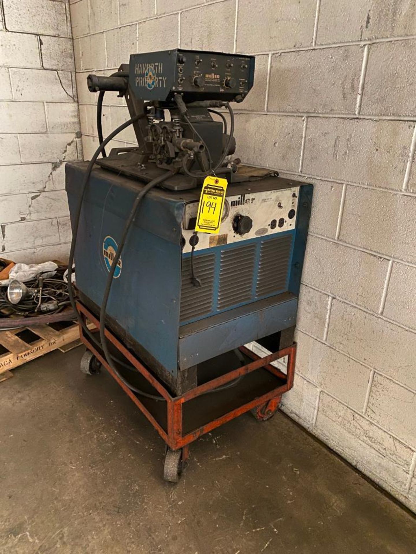 Miller MP-45E CP/DC Arc Welder on Rolling Stand w/ Miller Wire Feeder, S/N HJ211065