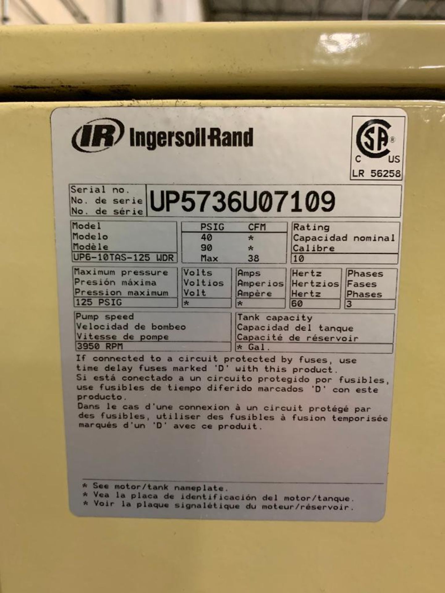Ingersoll Rand 10 HP Air Compressor, Model UP6-10TAS-125 WDR, S/N UP5736UO7109, 125 PSIG - Image 4 of 4