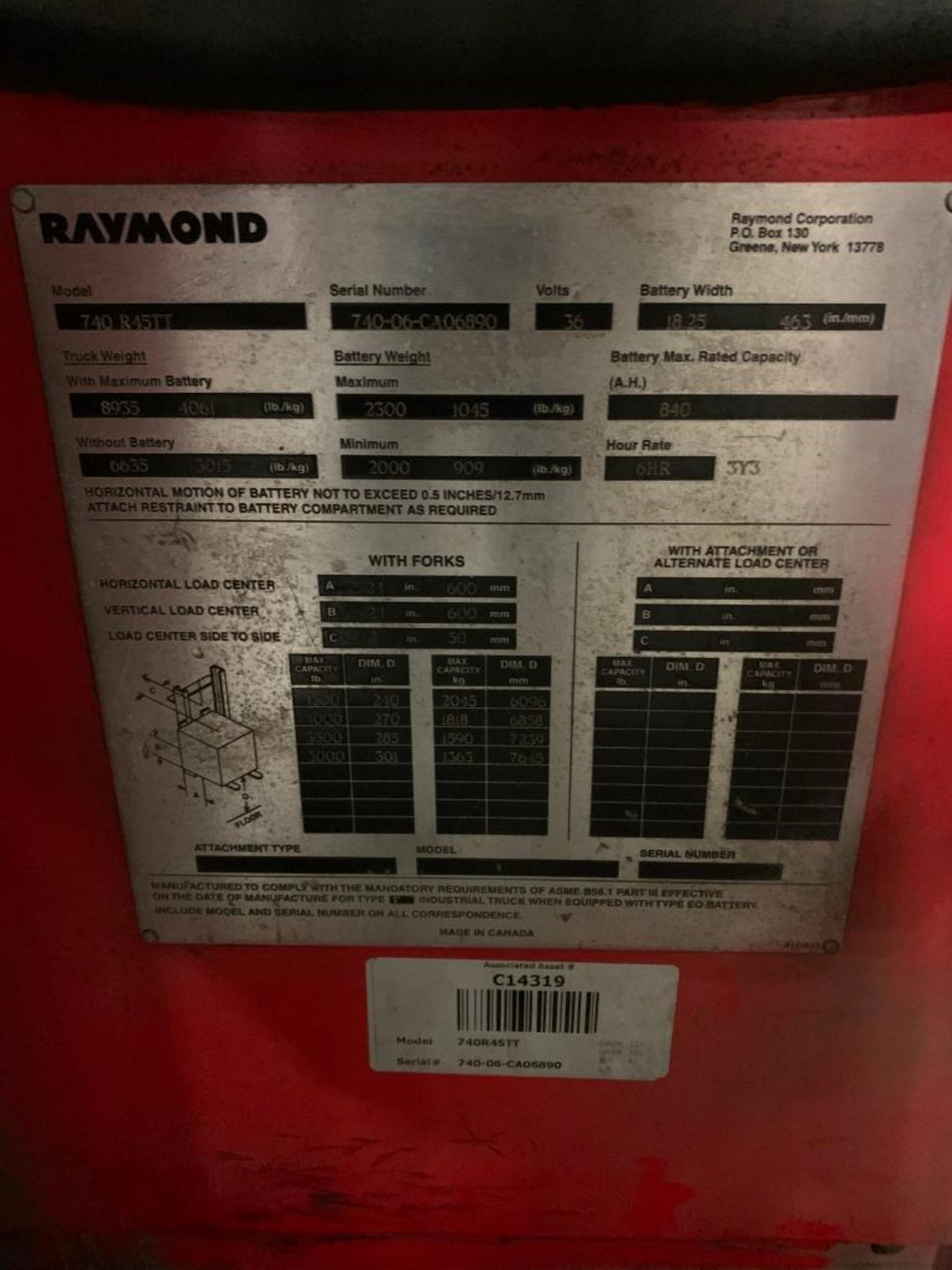 2006 Raymond 4,500-LB. Capacity Reach Truck, Model 740R45TT, S/N 740-06-CA06890, 36 V, Truck Weight - Image 5 of 5