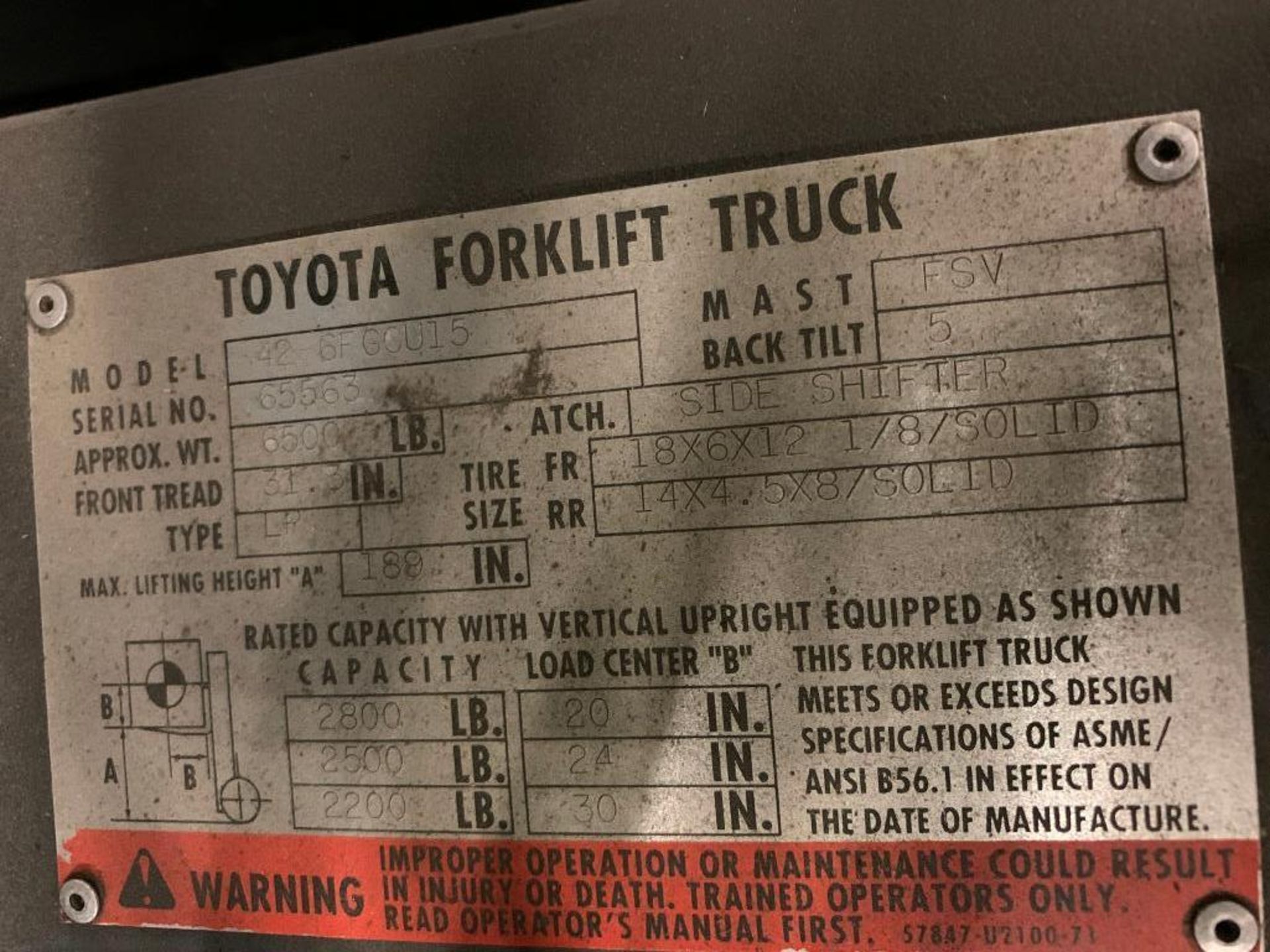 Toyota 3,000-LB. Capacity LPG Forklift, Model 42-6FGCU15, S/N 65563, 3- Stage Mast, 189" Max. Load H - Image 5 of 5