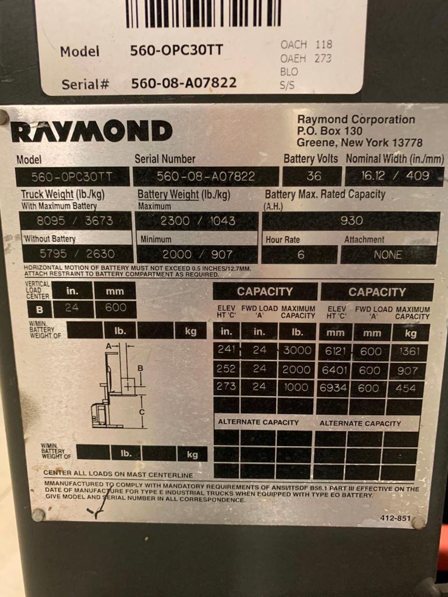 2008 Raymond 3,000-LB. Capacity Order Picker, Model 560-OPC30TT, S/N 560-08-A07822, 36 V, Truck Weig - Image 6 of 6
