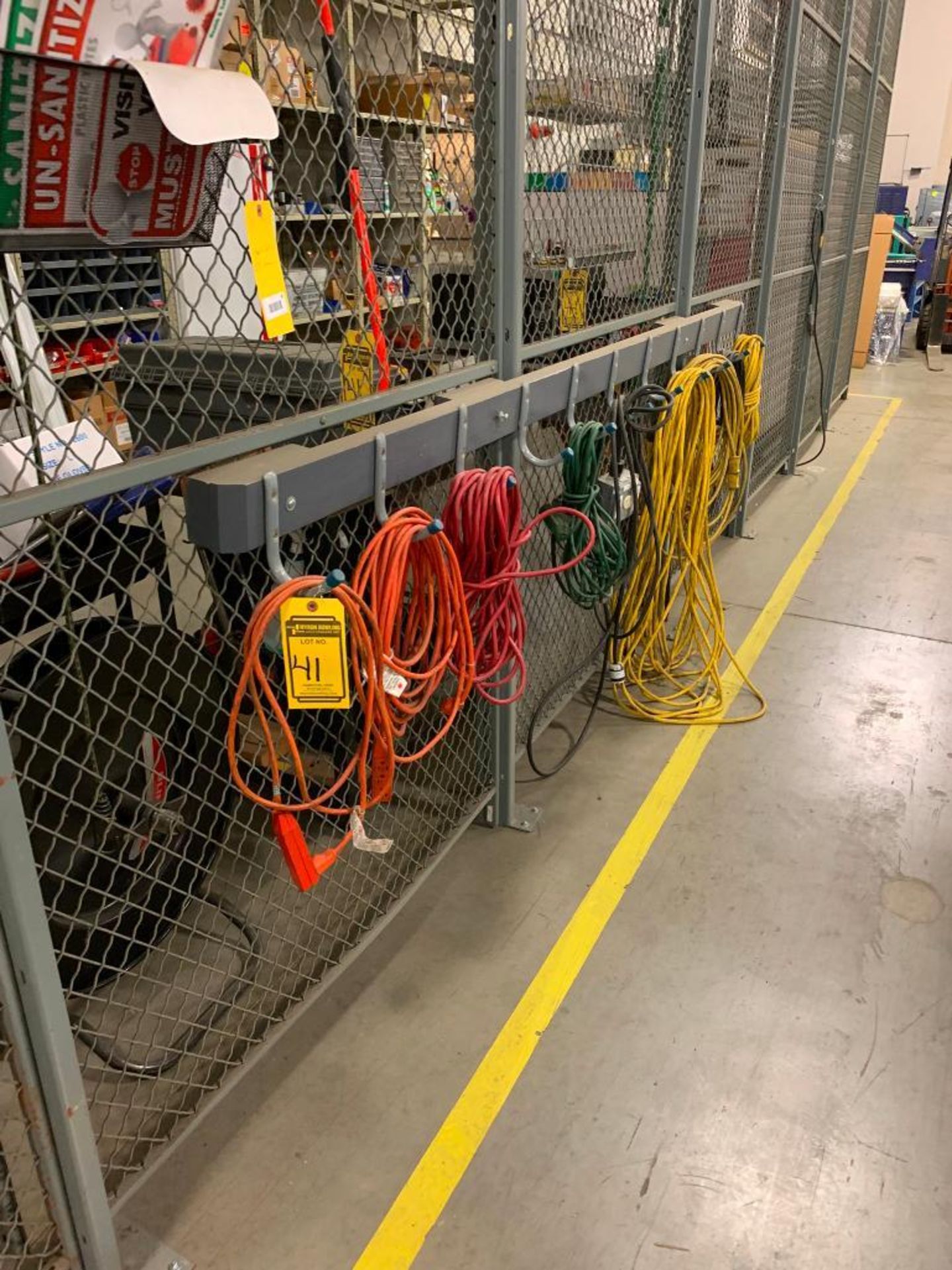 Tools Hanging on Pegboard, Bolt Cutters, Measuring Wheel, Extension Cords Hanging on Outside of Cage - Image 2 of 3