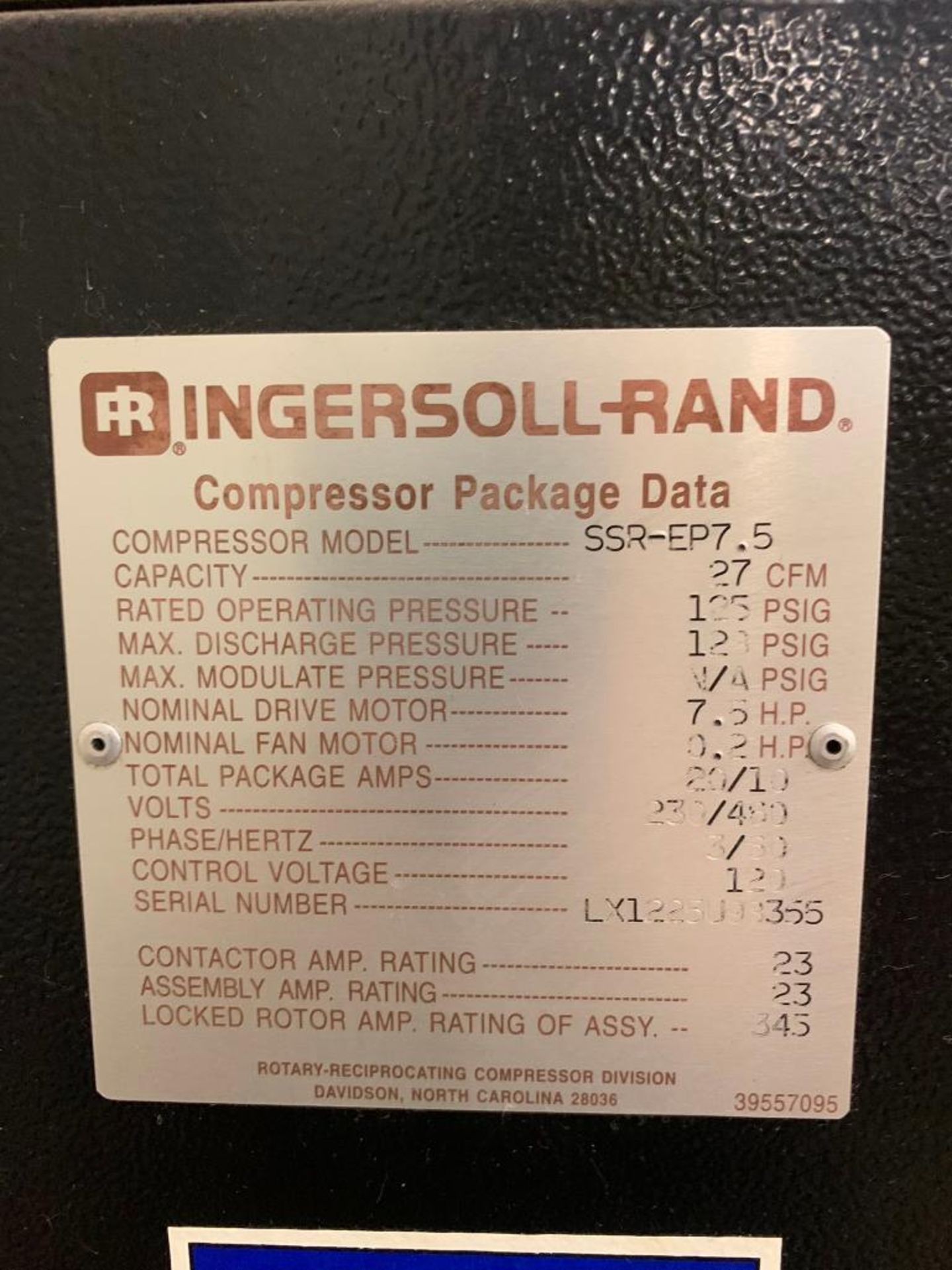 Ingersoll Rand 7.5 HP Air Compressor, Model SSR-EP7.5, S/N LX1225U98355, 125 PSIG - Image 4 of 4