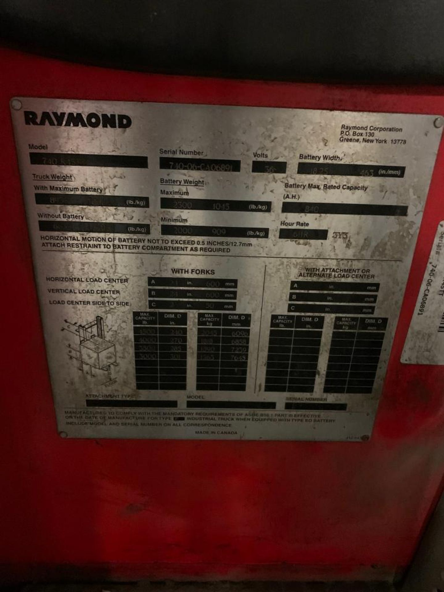 2006 Raymond 4,500-LB. Capacity Reach Truck, Model 740 R45TT, S/N 740-06-Ca06891, 36 V, Truck Weight - Image 5 of 5