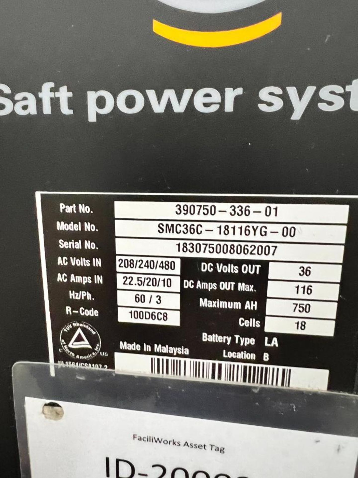 Saft Power Systems 36 V Battery Charger, Model SMC36C-18116YG, S/N 183075008062007 - Image 3 of 3