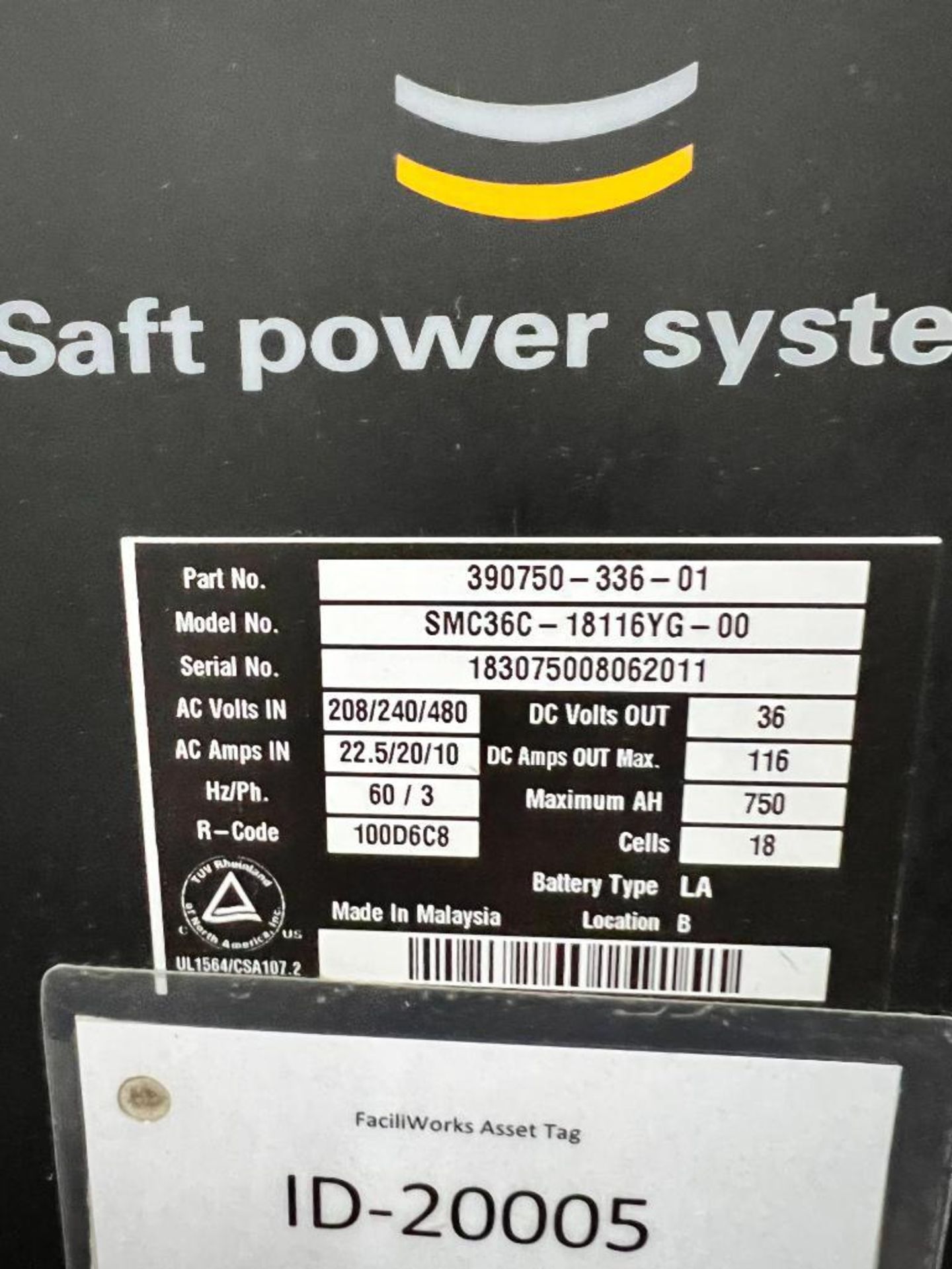 Saft Power Systems 36 V Battery Charger, Model SMC36C-18116YG, S/N 183075008062011 - Image 3 of 3