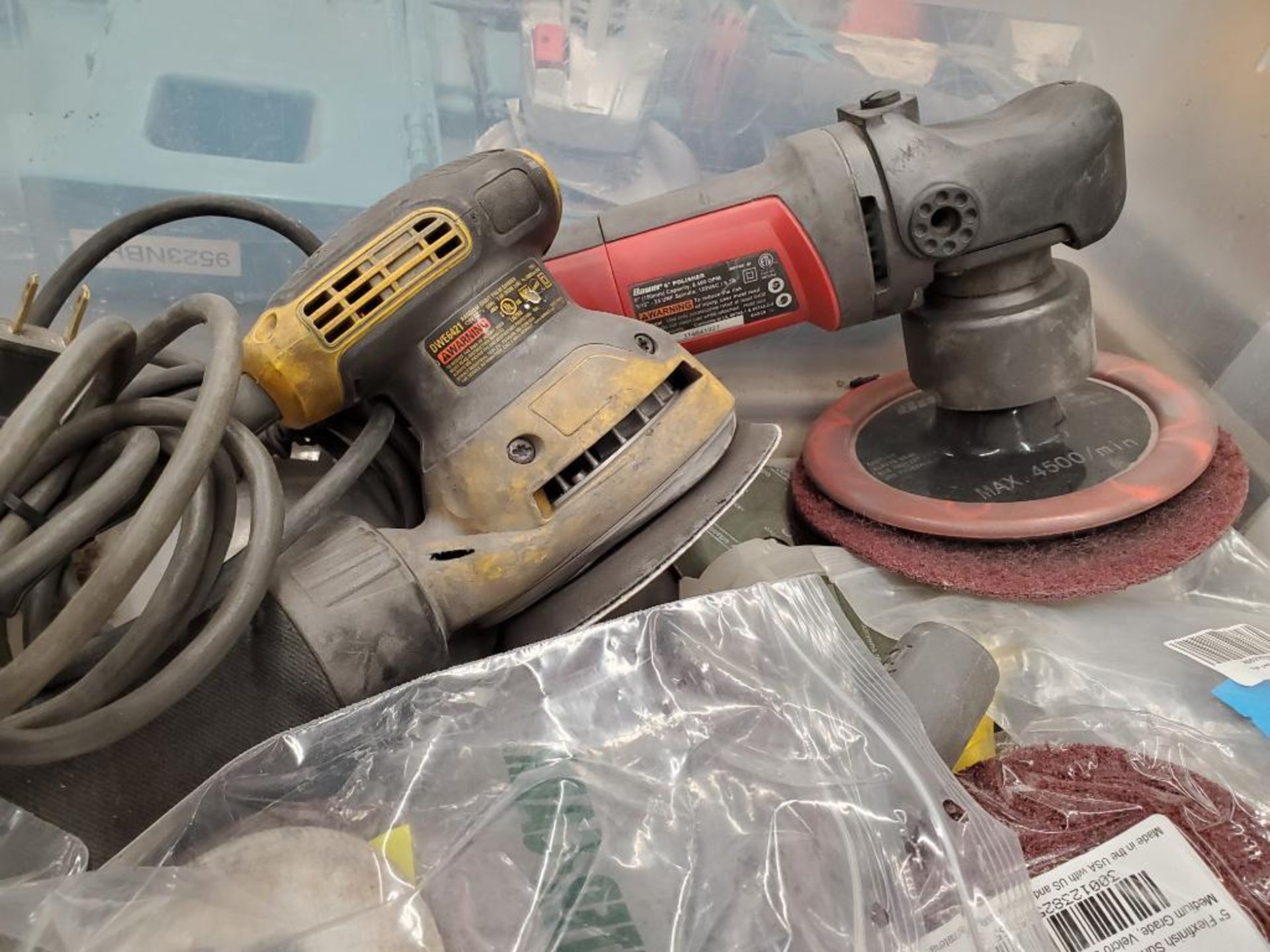 Bauer 6" Polisher, Dewalt Orbital Palm Sander, Abrasives, & Finish Mats - Image 2 of 5