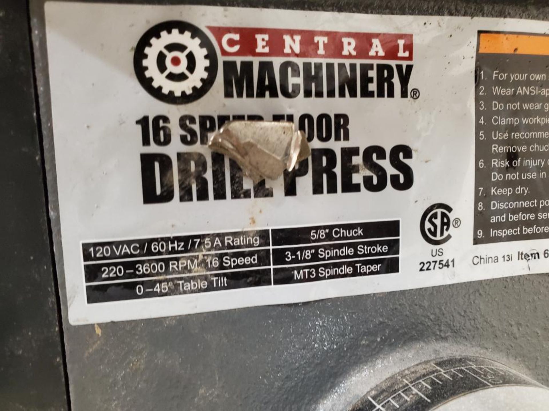 Central Machinery 16-Speed Vertical Drill Press, 220-3,600 RPM, 5/8" Chuck, Mt3 Spindle, 12-3/4" x 1 - Image 9 of 9