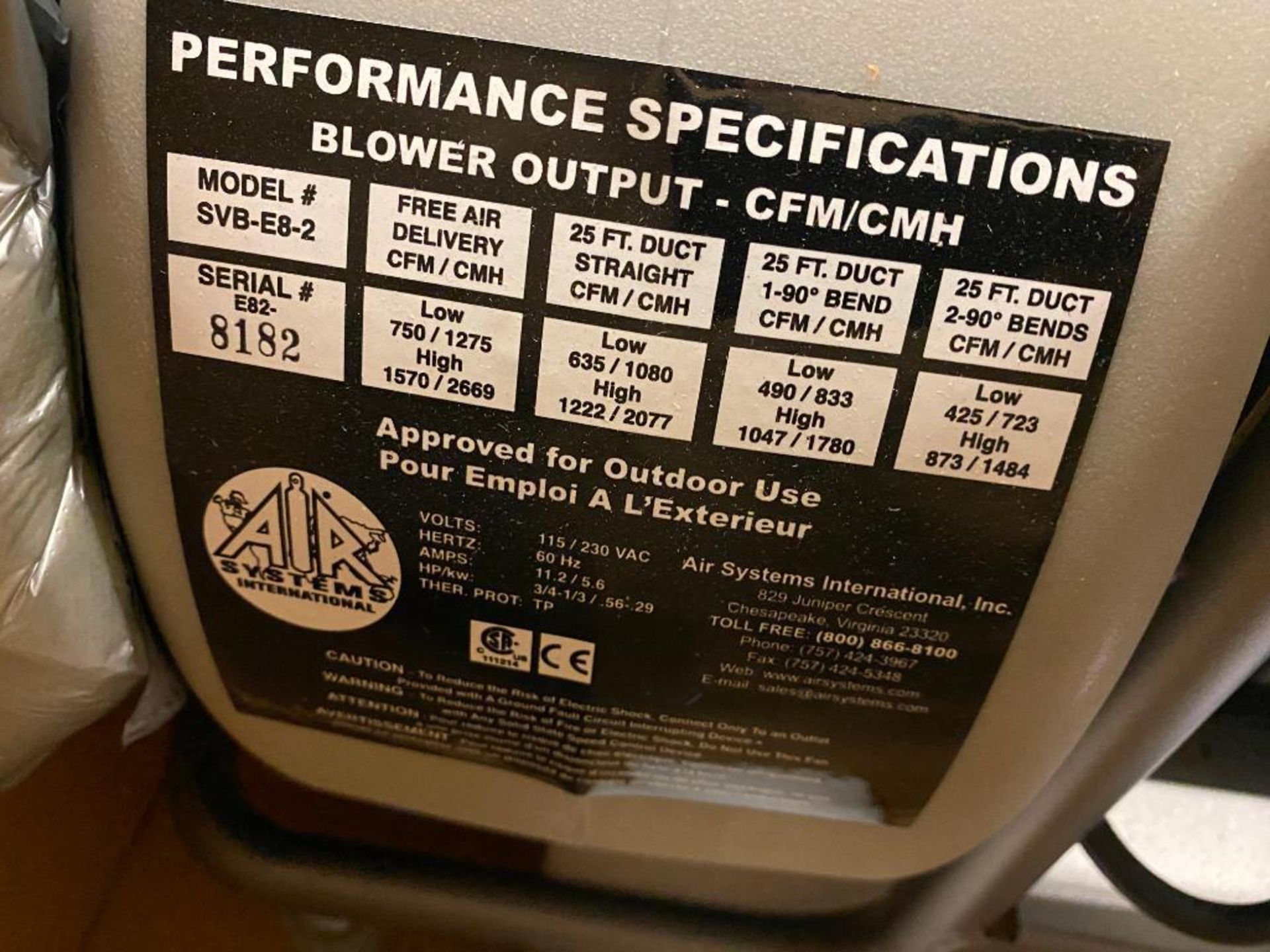 (New) Air Systems International Blower Motor, 3/4 HP, 115 V - Image 5 of 6