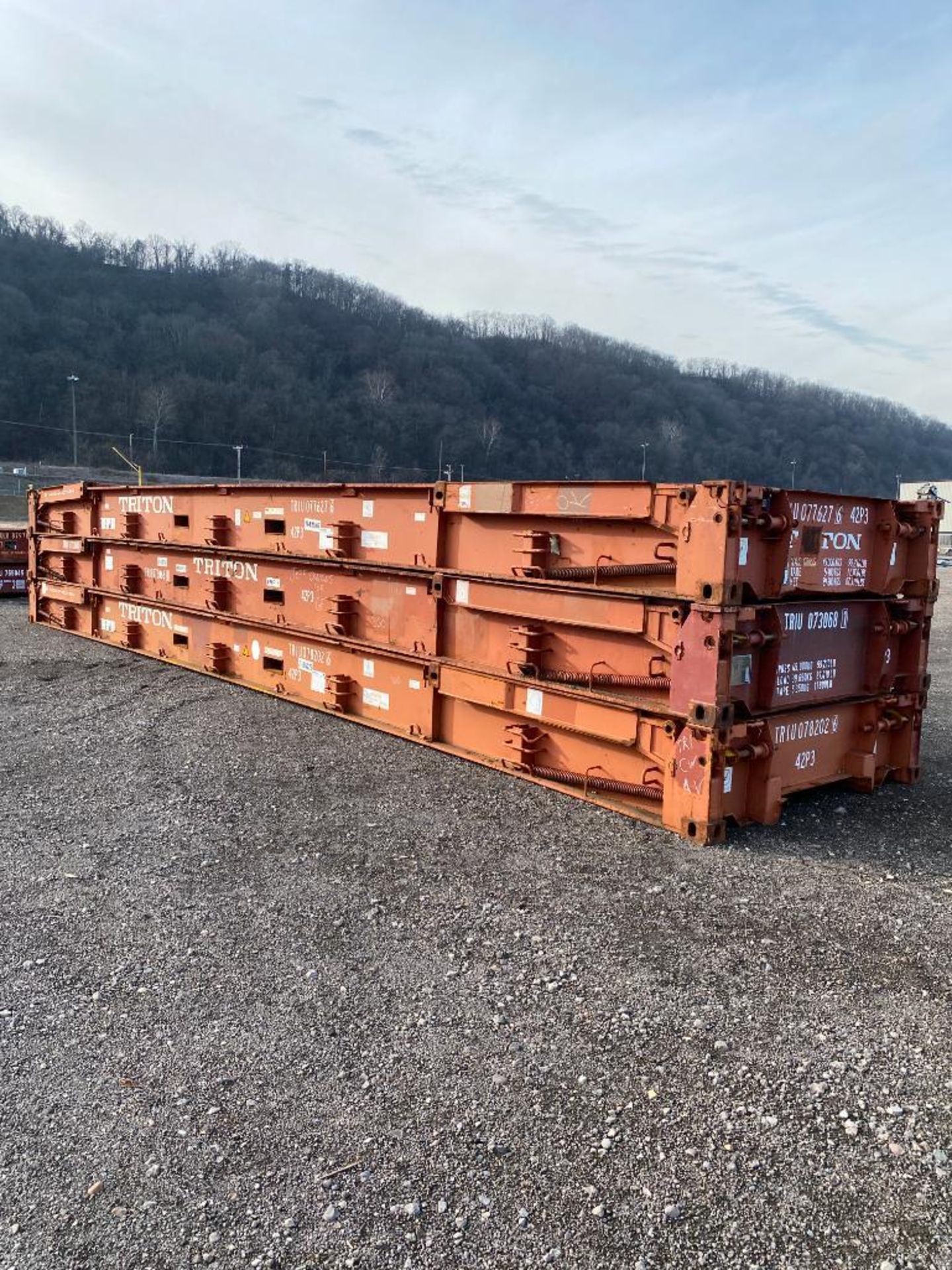(3) Transport Stackers/ Flatracks, 40' x 8' x 6'6" Spring Loaded Flip Up Uprights, Wood Deck, 24" Th - Image 4 of 14