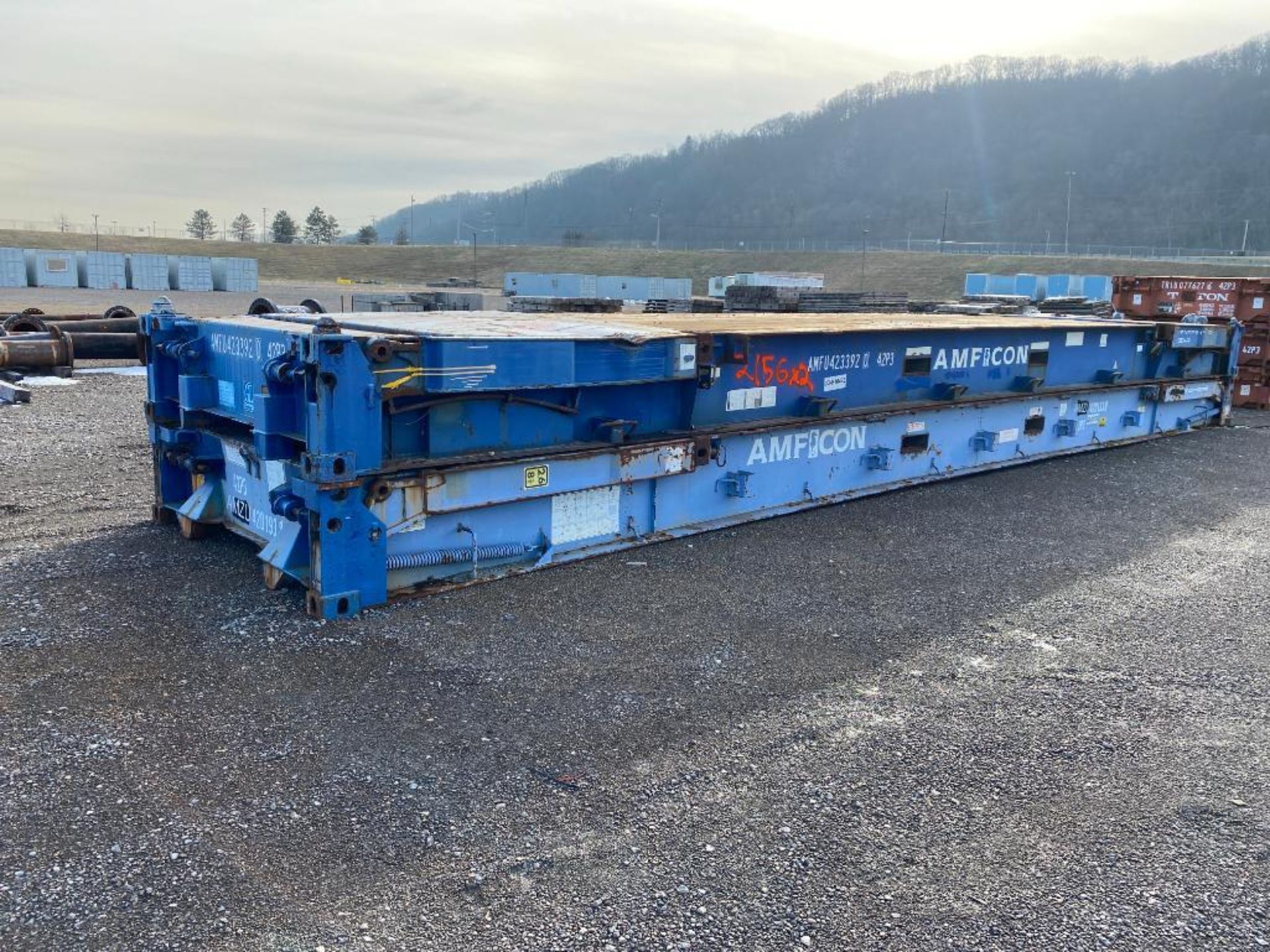 (2) Transport Stackers/ Flatracks, 40' x 8' x 6'6" Spring Loaded Flip Up Uprights, Wood Deck, 24" Th