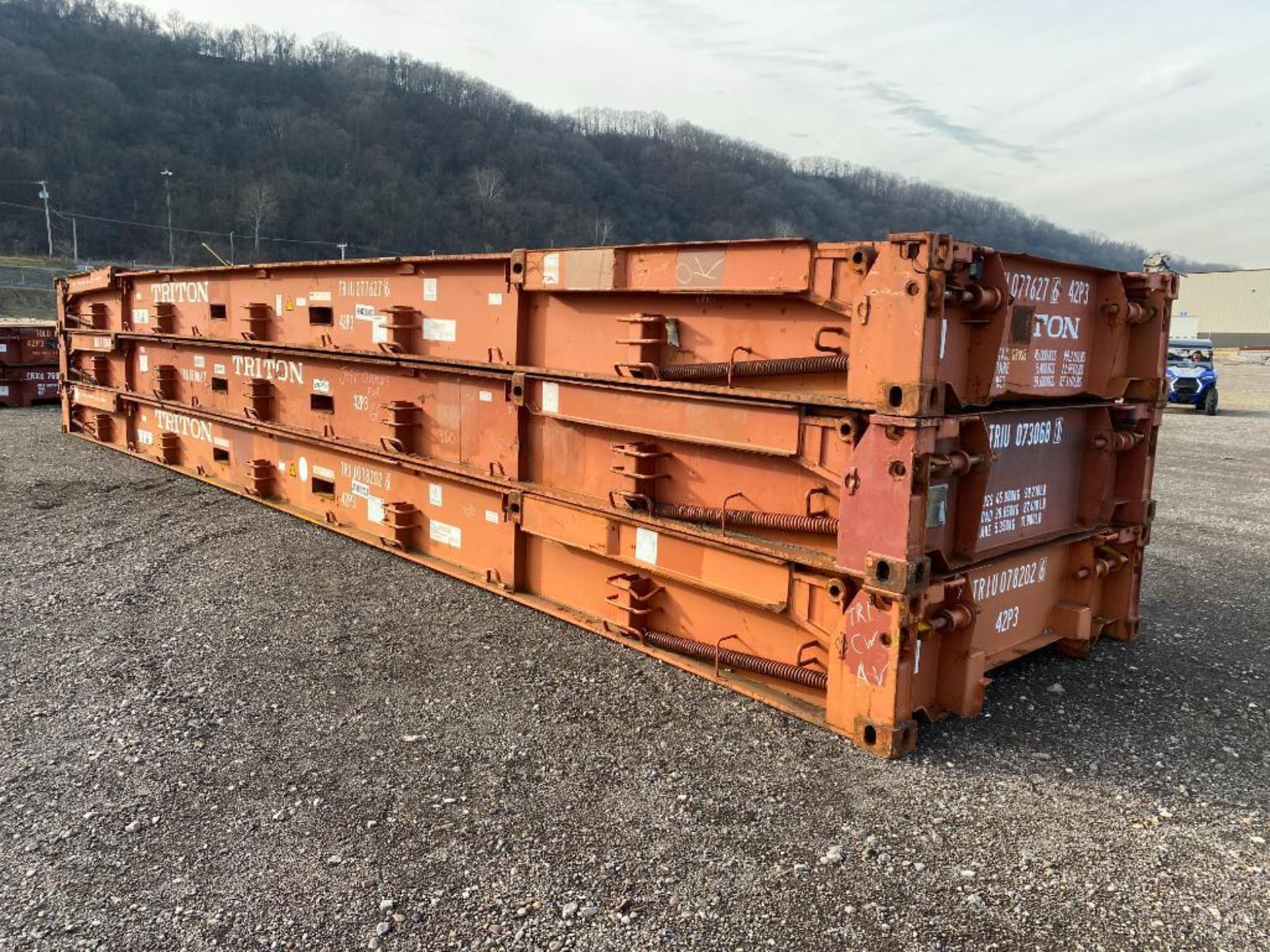 (3) Transport Stackers/ Flatracks, 40' x 8' x 6'6" Spring Loaded Flip Up Uprights, Wood Deck, 24" Th - Image 3 of 14