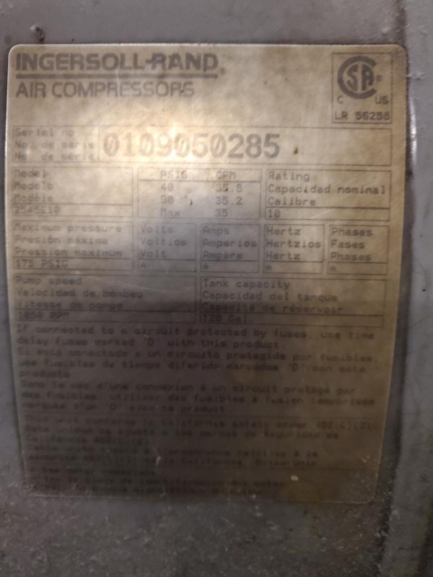 Ingersoll Rand 120-Gal. Air Compressor, Model: T30, 35.8 CFM, S/N 010950285,1,850 RPM, 175 PSIG,  w/ - Image 10 of 13