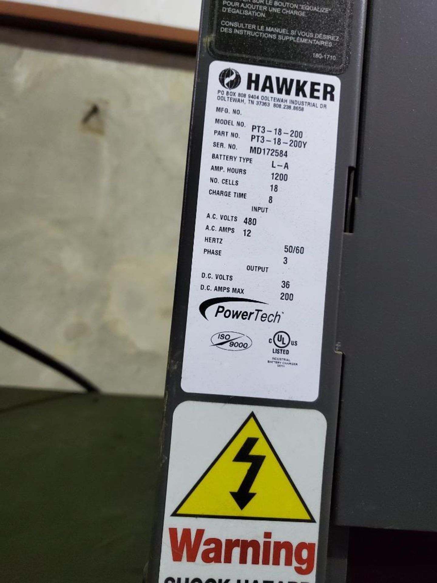 Hawker Powertech 36V Forklift Battery Charger, High Frequency Intellicharger, Model PT3-18-200, 200 - Image 3 of 3