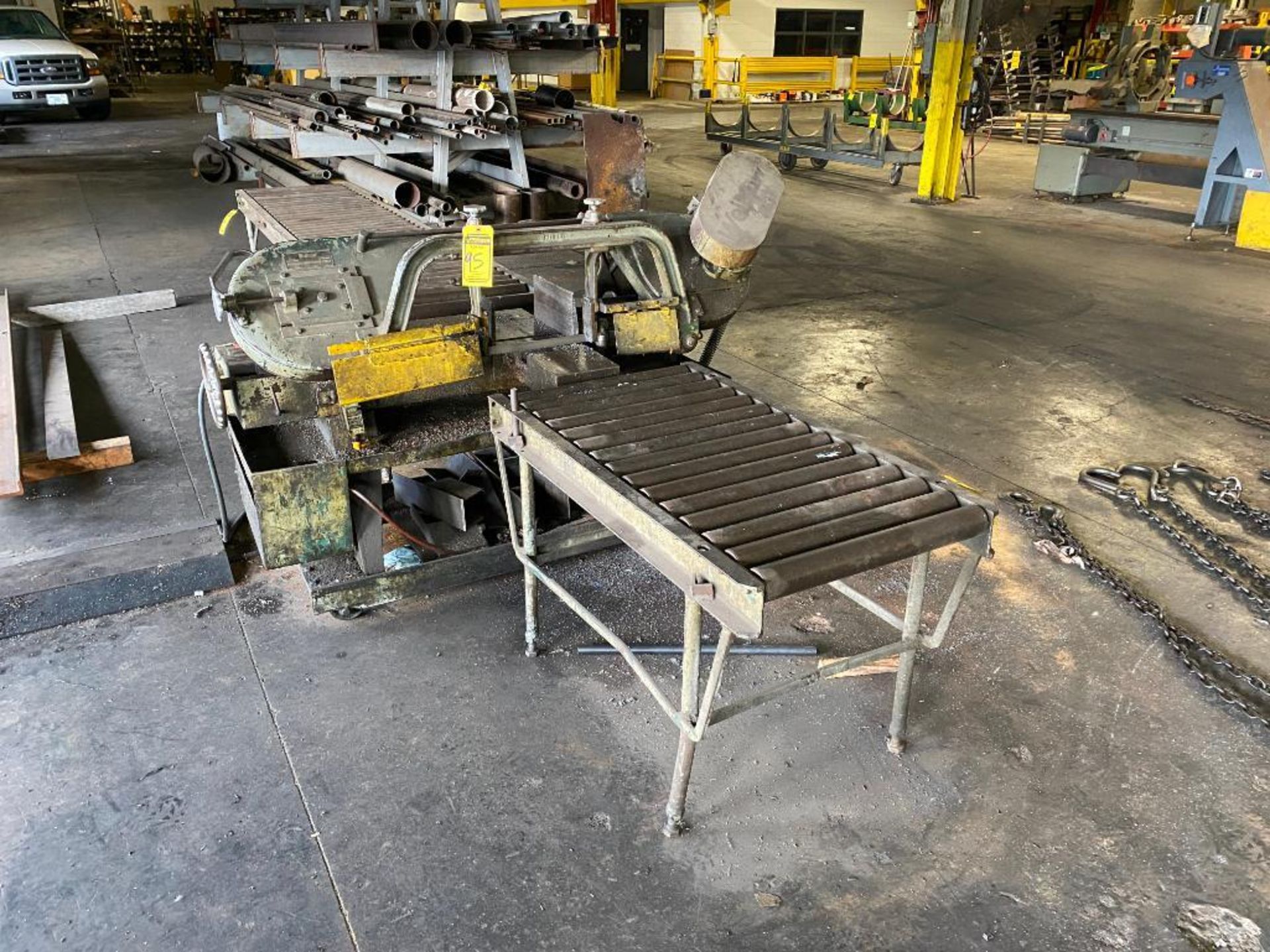 Wellsaw Horizontal Band Saw, Model 1000, S/N 2726, 44" Infeed / 120" Outfeed Roller Conveyor, Materi