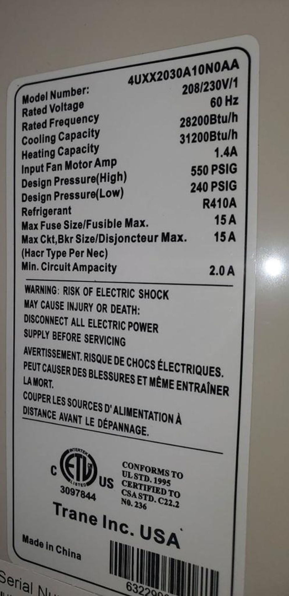 (5) Trane 30,000 BTU "Inverter" Indoor Mini-Split Floor/Ceiling Heat Pump Units, Model 4TXU2030A10N0 - Image 4 of 6