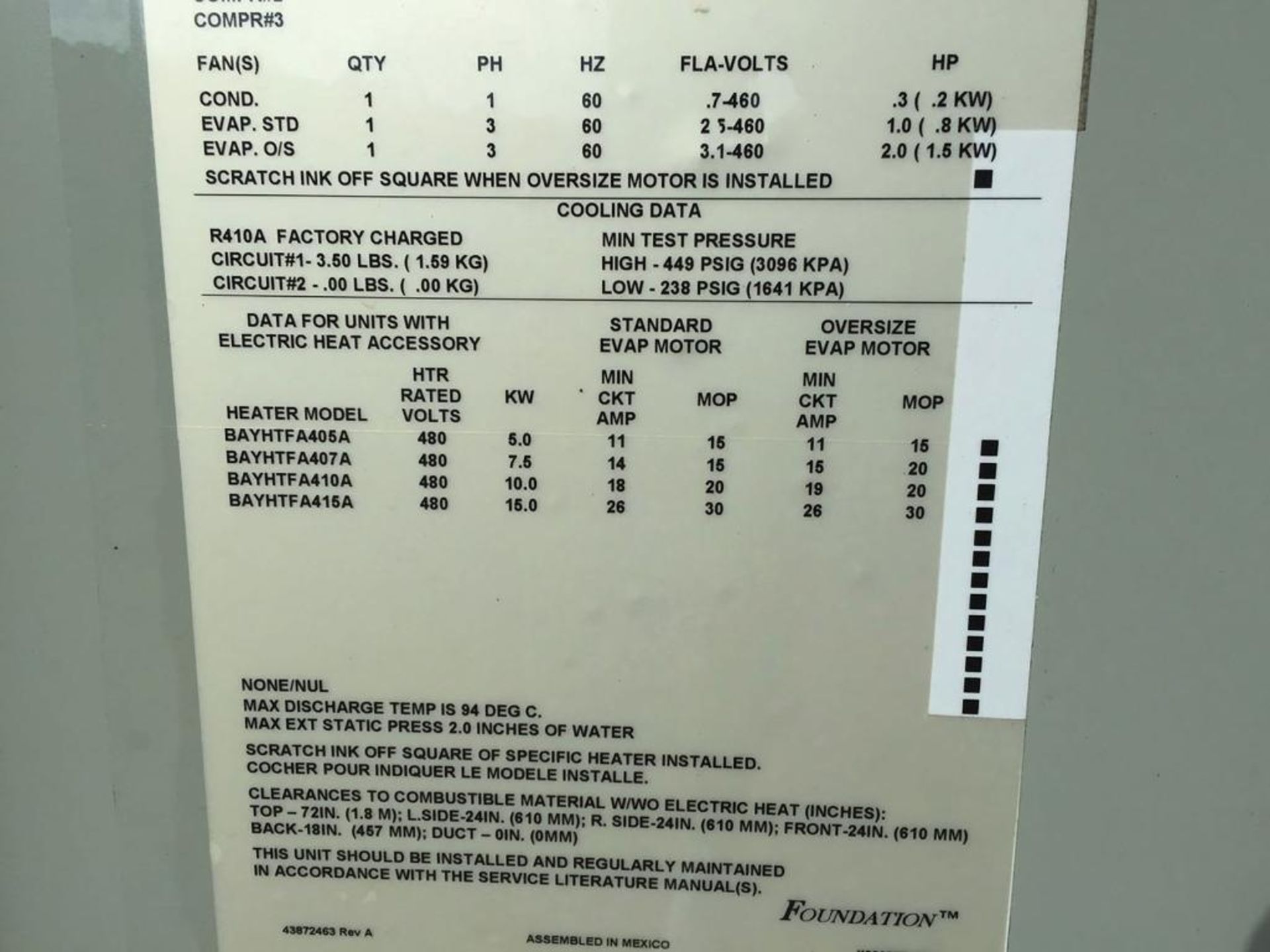 (1) Trane 3-Ton Convertible Packaged Air Conditioner Unit, Volts: 460, Hertz: 60, Phase: 3, Rla: 5.8 - Image 4 of 4