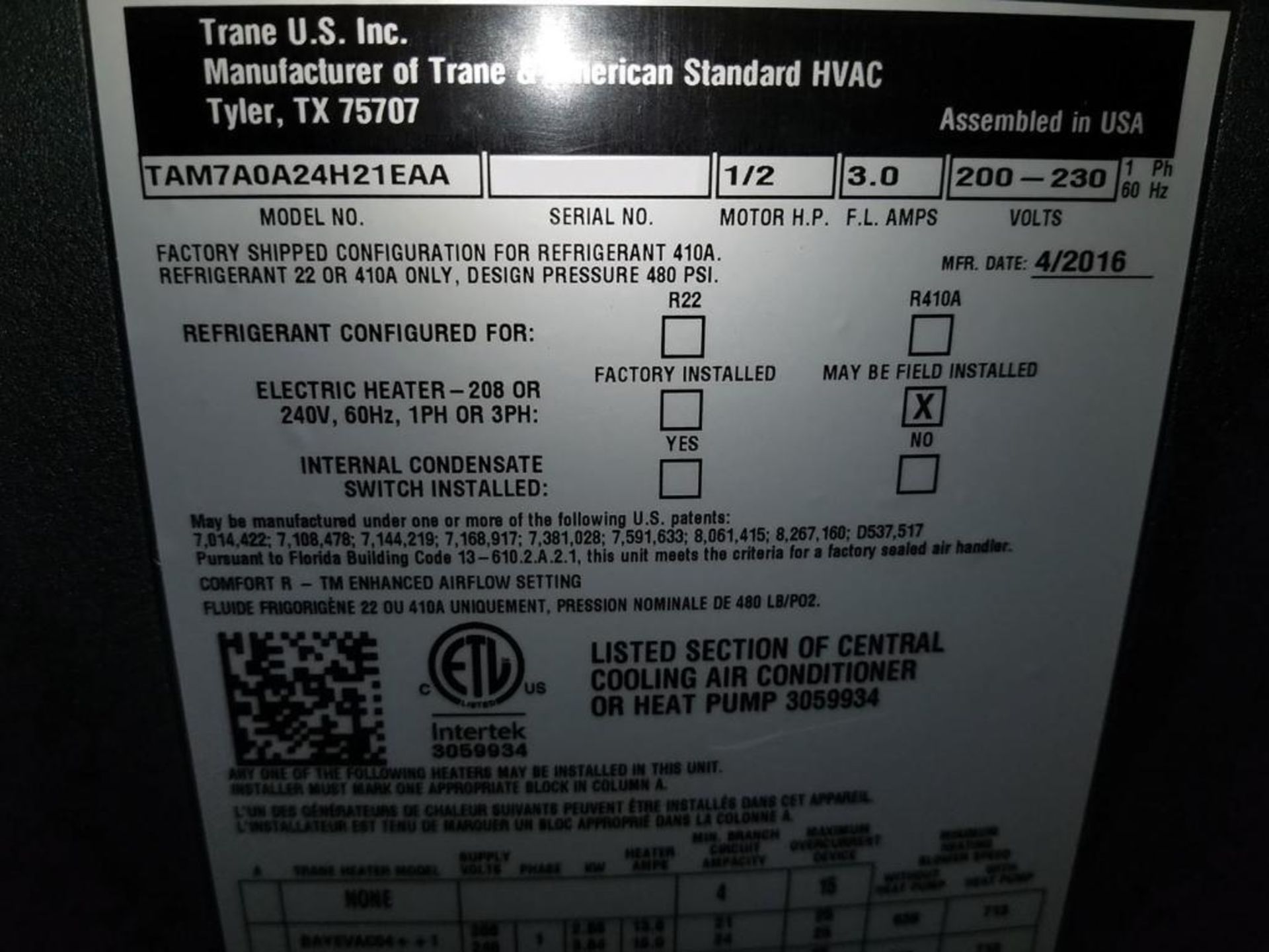 (4) American Standard 2-Ton AC/HP Variable Speed ECM Fancoil with Comfort-R Enhanced Mode, Volts: 20 - Image 4 of 7