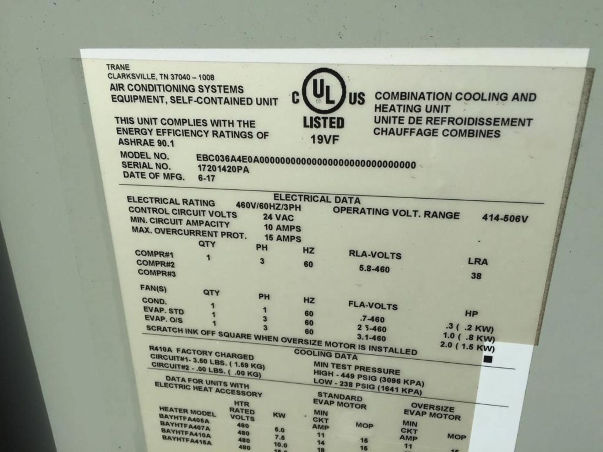 (1) Trane 3-Ton Convertible Packaged Air Conditioner Unit, Volts: 460, Hertz: 60, Phase: 3, Rla: 5.8 - Image 3 of 4