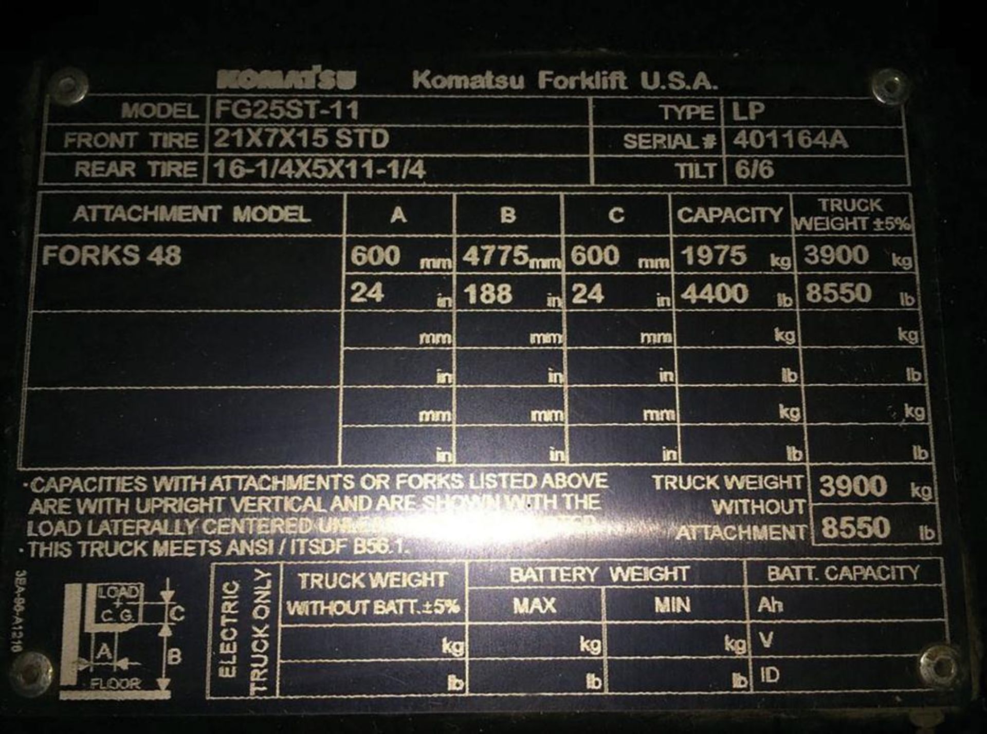 (1) Komatsu 4,400-lb. Sideshift Forklift, Triple Mast, Forklift Bat Mobile, Model FG25ST-11, Type (L - Image 9 of 9