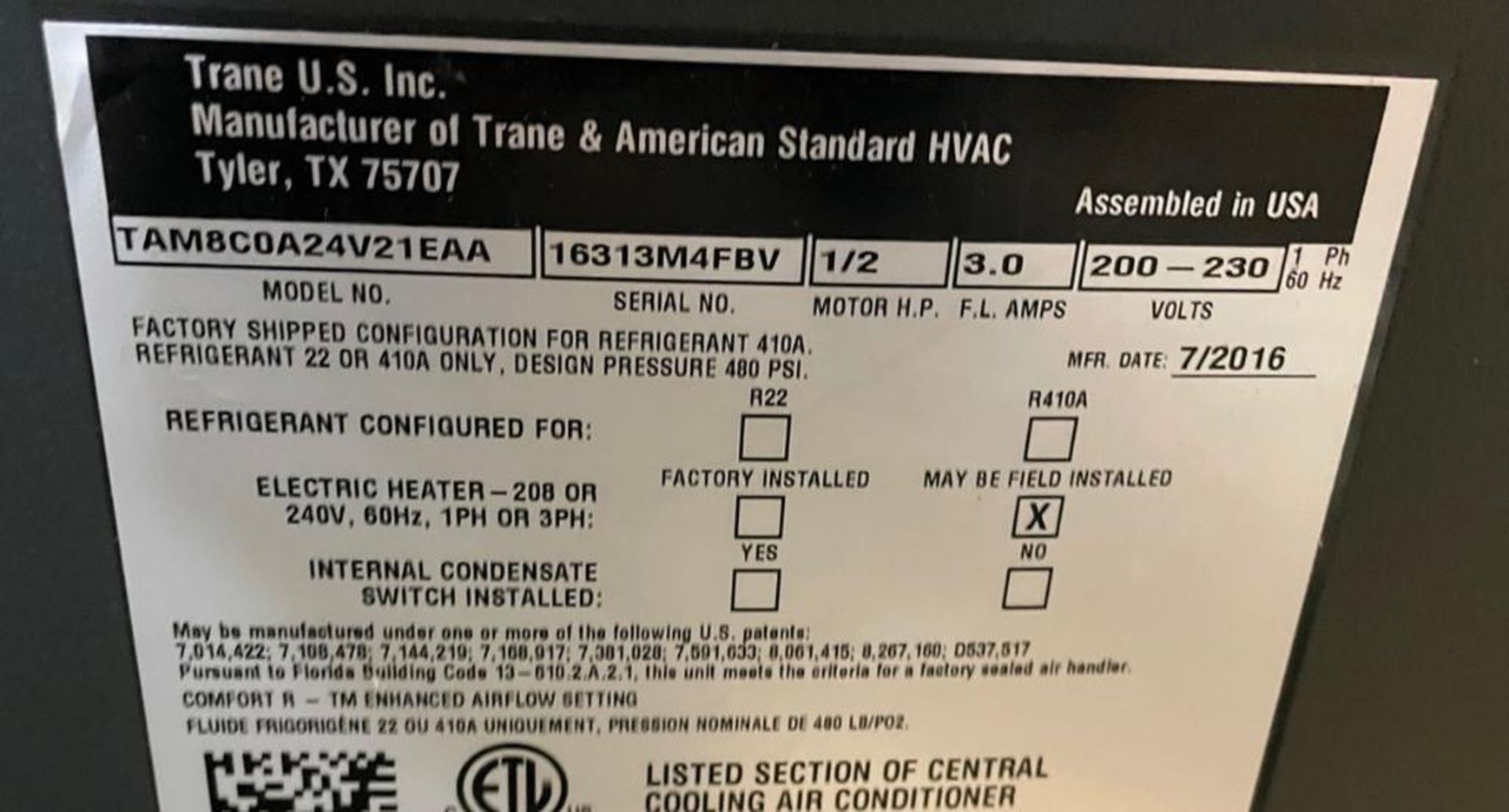 (4) American Standard 2-Ton Multi-Position ECM Variable Speed AC/HP Fancoils, Model TAM8C0A24V21EA, - Image 4 of 6