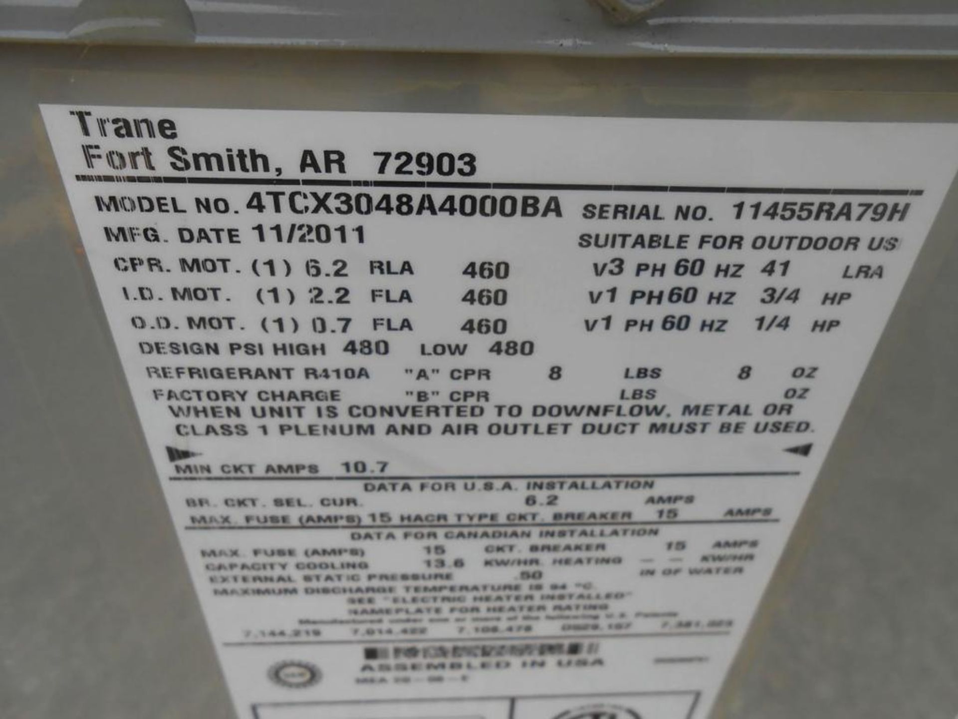 (1) Trane 4-Ton Single Packaged Air Conditioner, Airflow: Convertible, Voltage: 460, Hertz: 60, Phas - Image 3 of 3