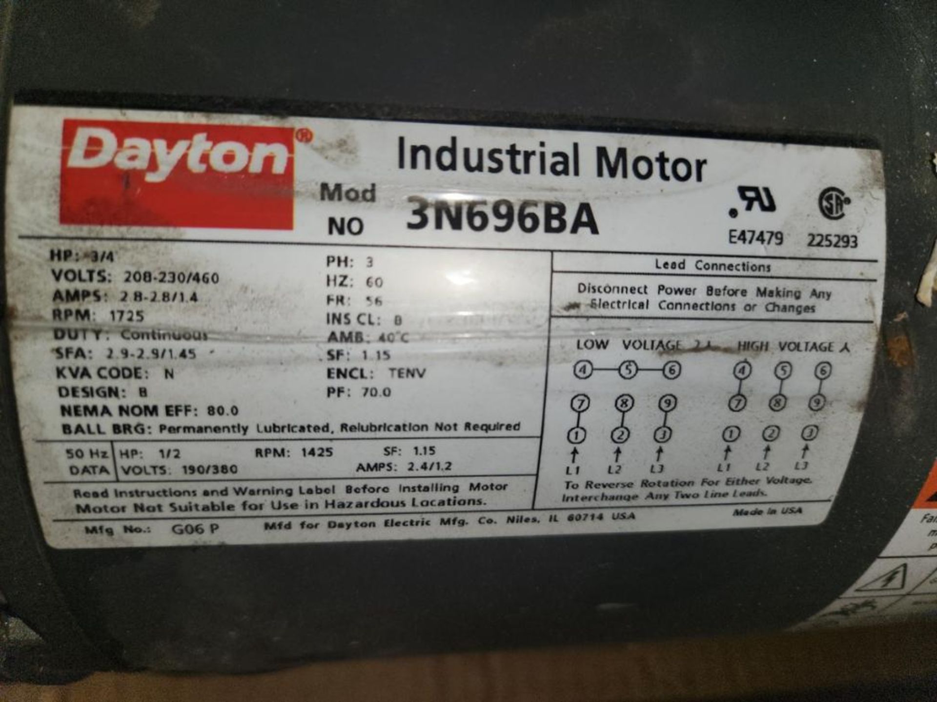 (1) Dayton 3/4 Hp Inverter Duty Motor, Model 3N696BA, Totally Enclosed Non-Ventilated, 3/4 Hp, Hertz - Image 2 of 17