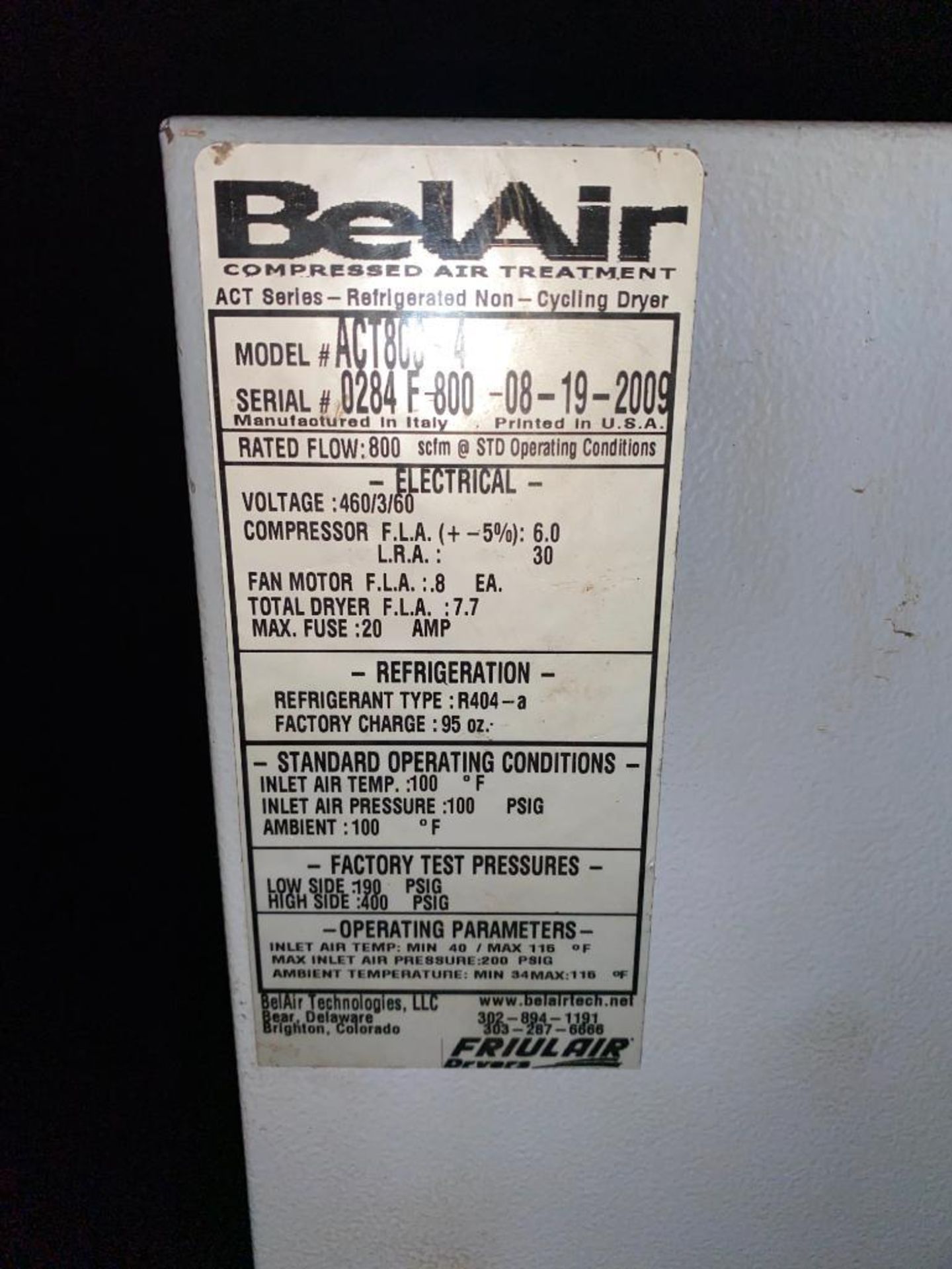 Belair Refrigerated Air Dryer, Model ACT800-4, S/N 0284-F-800-08-19-2009, 125 PSIG, 800 SCFM - Image 4 of 4