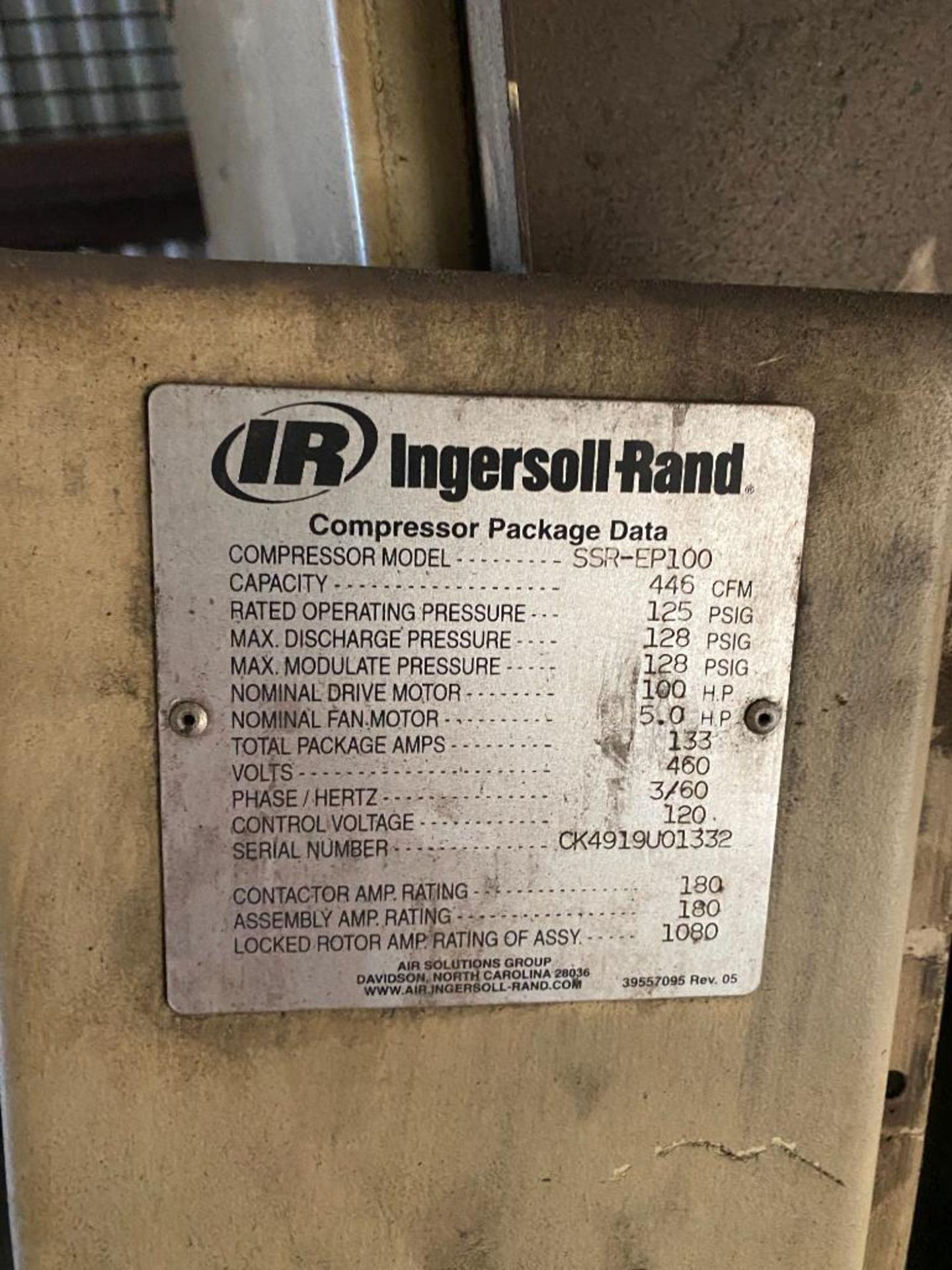 Ingersoll-Rand 100 HP Air Compressor, Model SSR-EP100, Capacity 446 CFM, S/N CK4919U01332 - Image 5 of 5