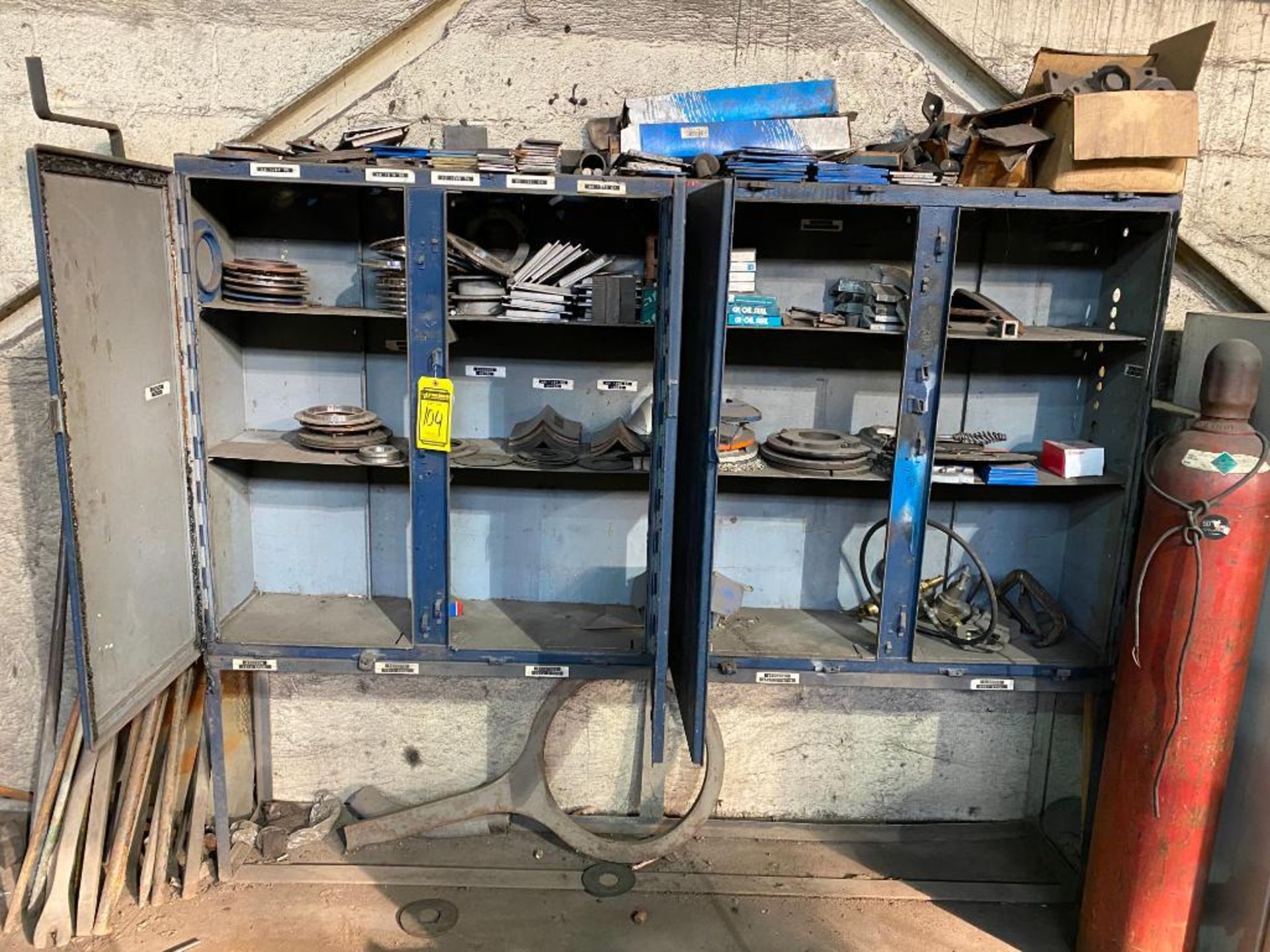 Cabinet w/ Assorted Steel, C-Clamps, & Torch Pressure Valves