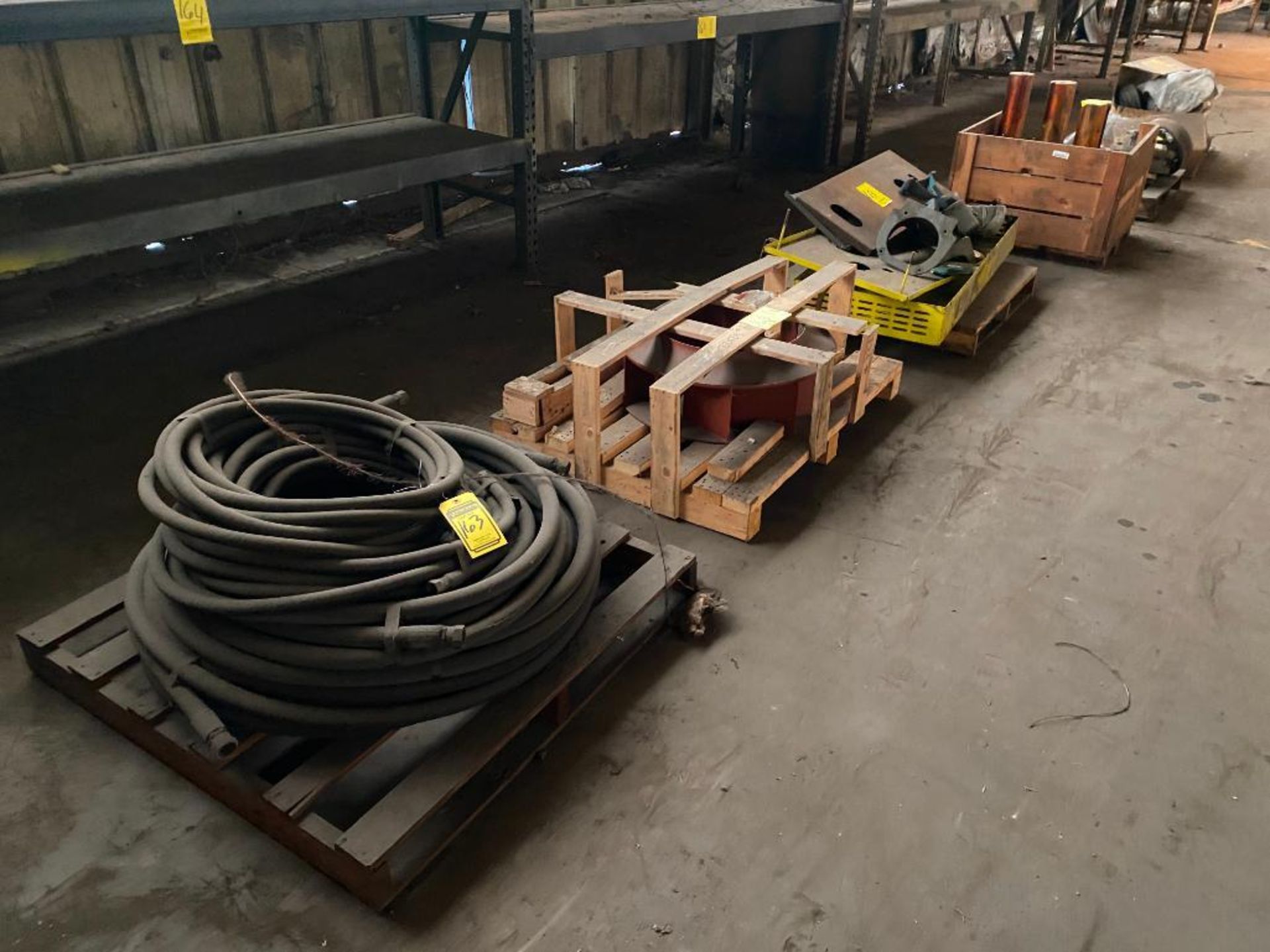 (6) Skids of Assorted Items: Dust Blower Fan, Fabricated Parts, & Hoses