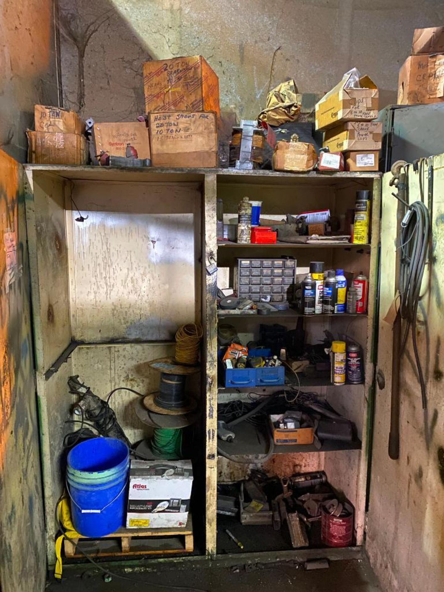 (2) Cabinets w/ Content: Electric Motor, Wire, Transformer, & Assorted Tools