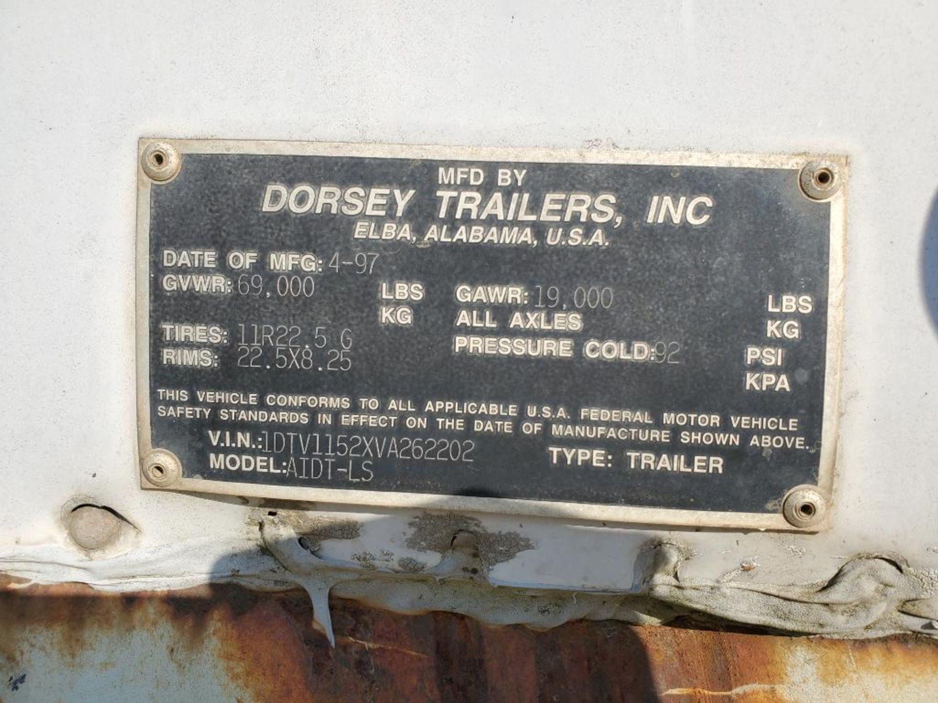 1997 Dorsey 53' Dry Van Trailer, Vin 1DTV1152XVA262202, Model AIDT-LS, 69,000 GVWR, Tandem Axle, Air - Image 4 of 14
