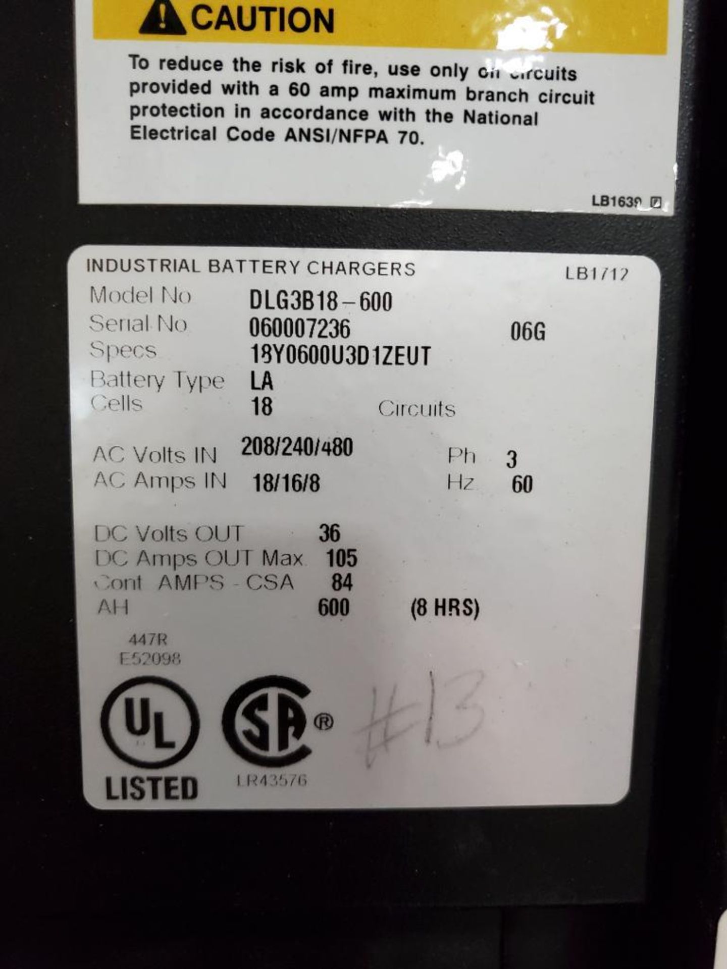 Douglas Legacy Power System 36V Battery Charger, Model DLG3B18-600 208/240/480V, 3 PH, 60 HZ - Image 4 of 5