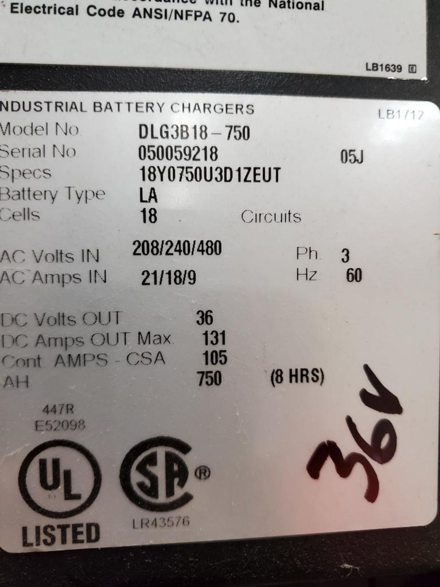 Douglas Legacy Power System 36V Battery Charger, Model DLG3B18-600 208/240/480V, 3 PH, 60 HZ - Image 3 of 4