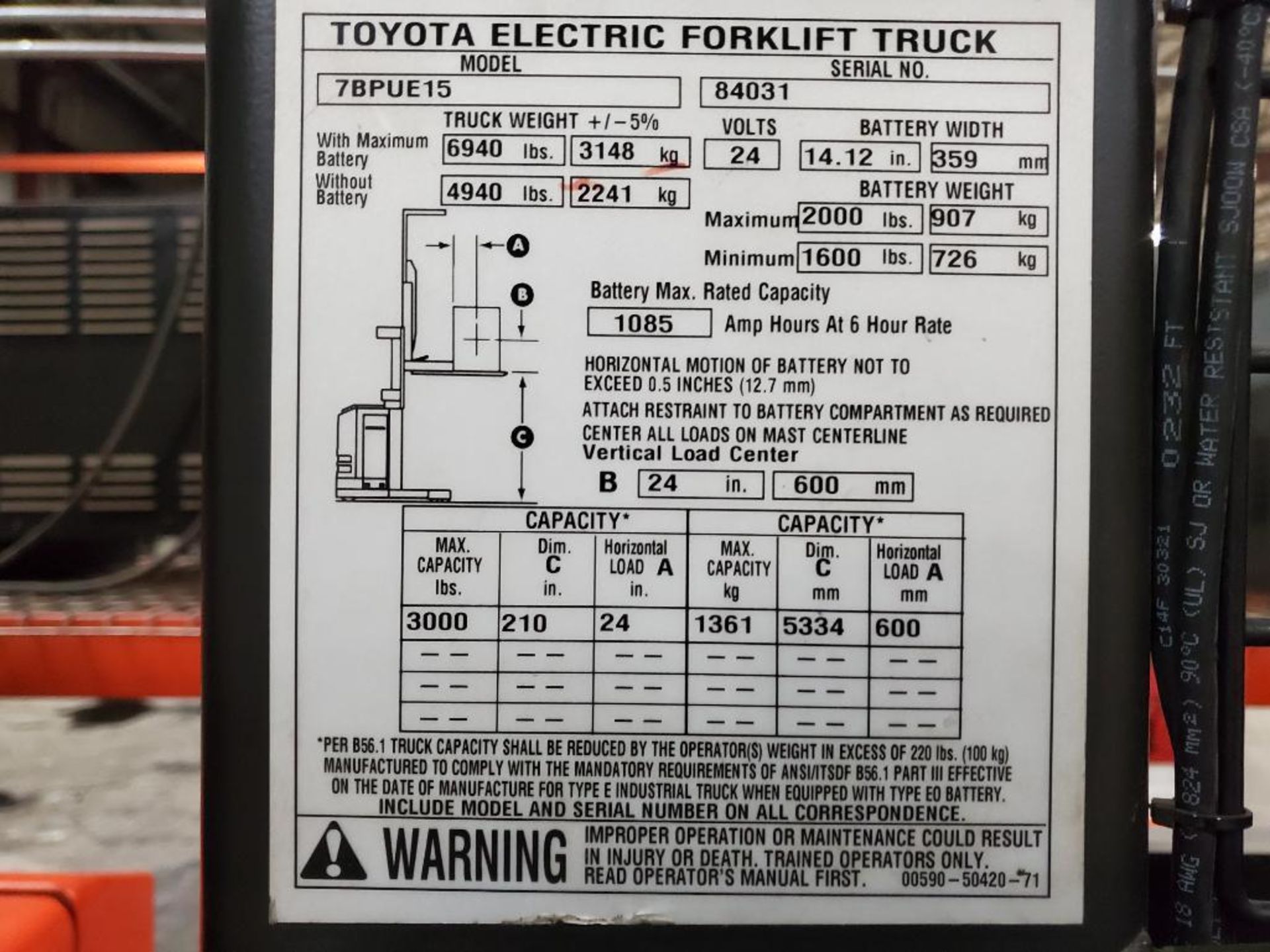 Toyota Electric Order Picker Forklift, Model 7BPUE15, 24V, 3,000 LB. Capacity, 210" Lift Height, 95" - Image 9 of 10