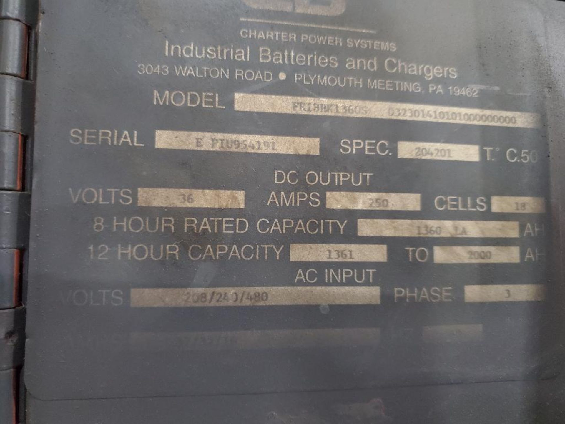 CD Forklift 36V Battery Charger, Model FR18HK1360S, 250 Max. AMP, 208/240/480V, 3 PH, 60 HZ, 8-12 Ca - Image 4 of 4