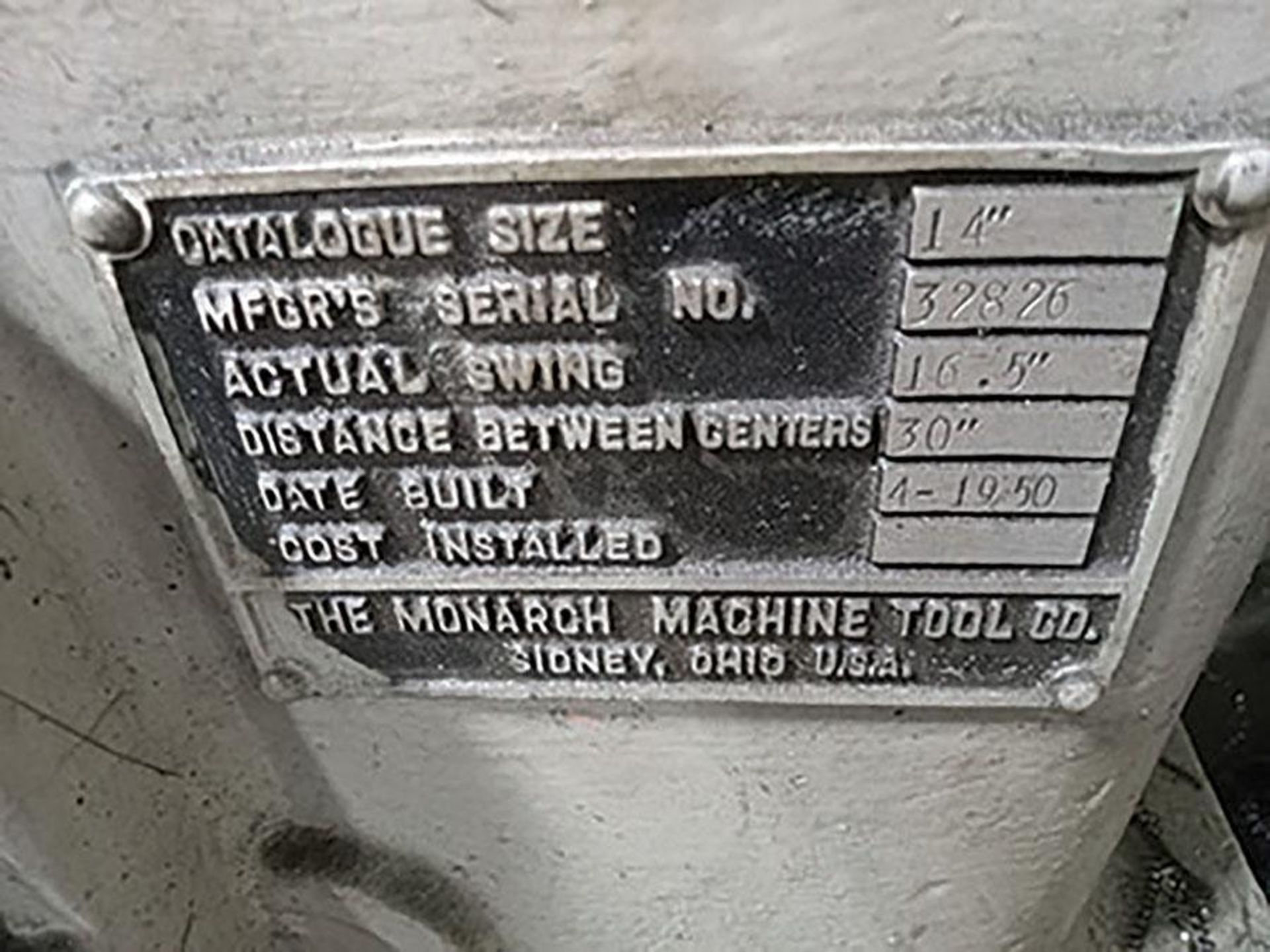 1950 Monarch 14'' x 30" Engine Lathe, Catalogue Size: 14'', Serial: 32826, Actual Swing: 16.5'', Dis - Image 4 of 4