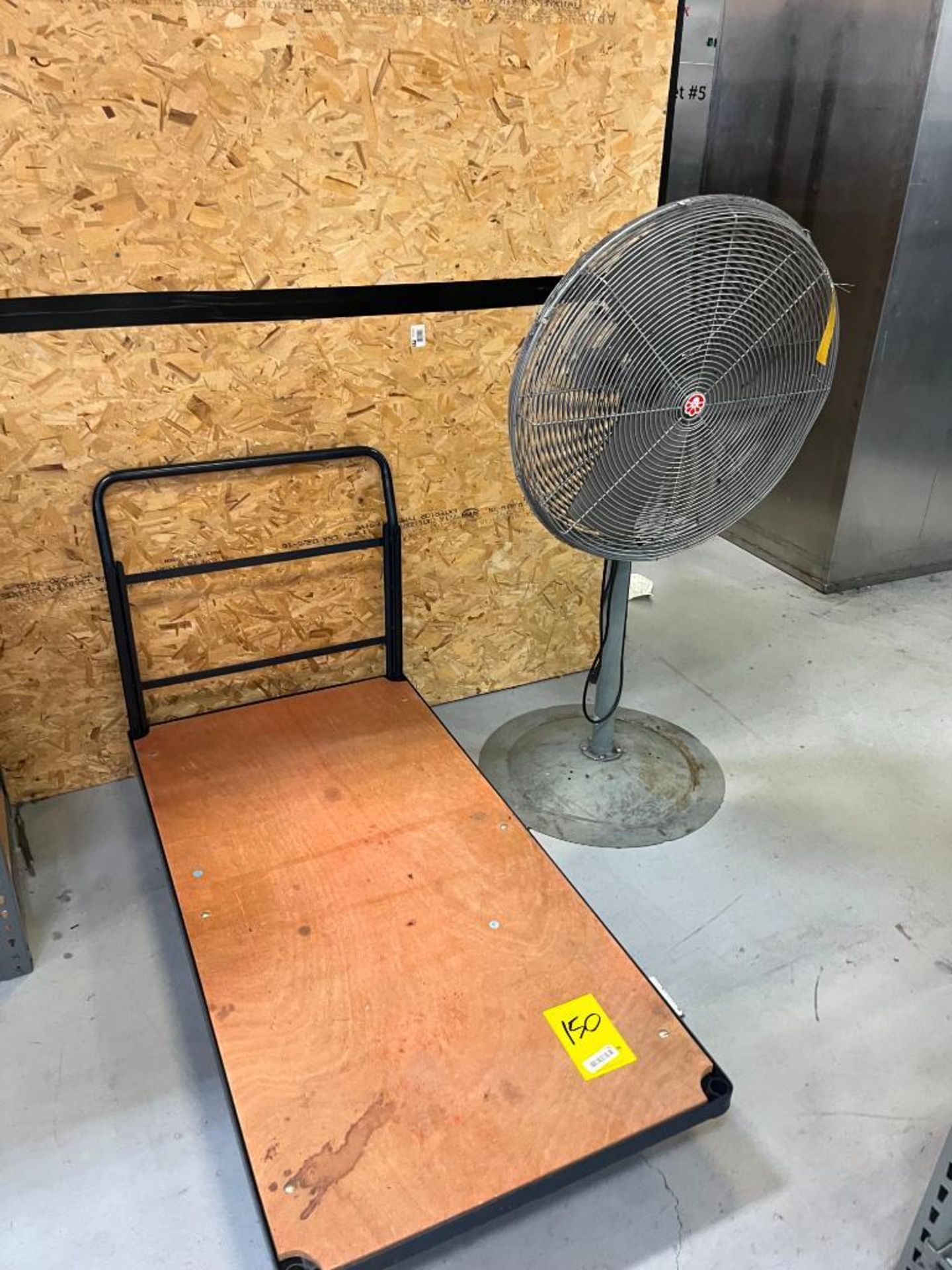 Assorted Shelving, Plastic Dip Tank, Foldable Gaylord, (2) Wire Carts, Pedestal Fan, Wood Top Push C