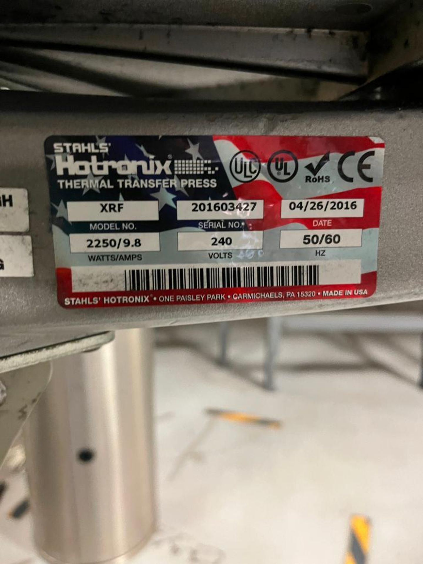 2016 Stahls Holtronics Fusion Thermal Transfer Press, on Rolling Stand, Model XRF, 240V, 201603427 - Image 3 of 3