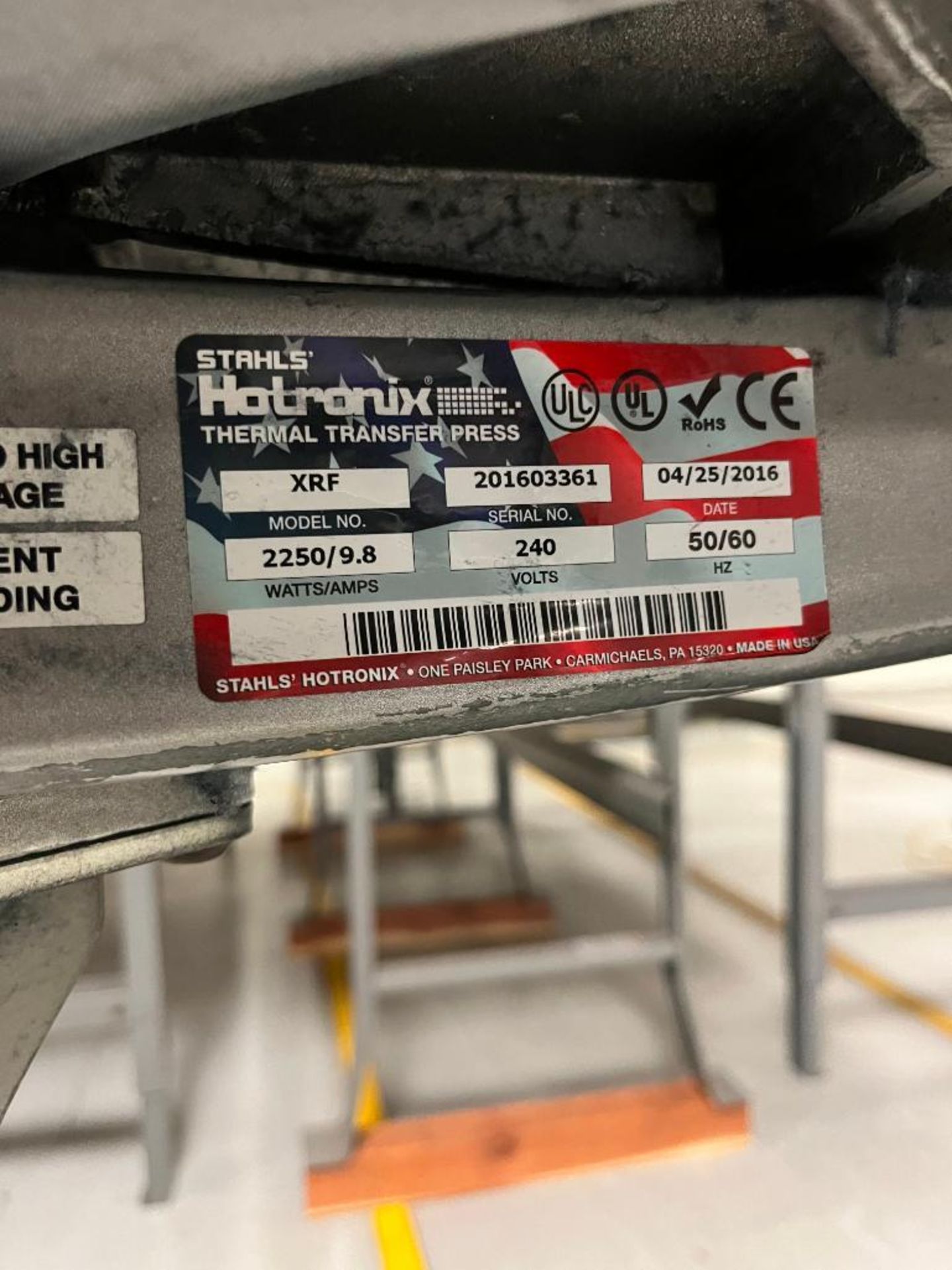 2016 Stahls Holtronics Fusion Thermal Transfer Press, on Rolling Stand, Model XRF, 240V, S/N 2016033 - Image 3 of 3