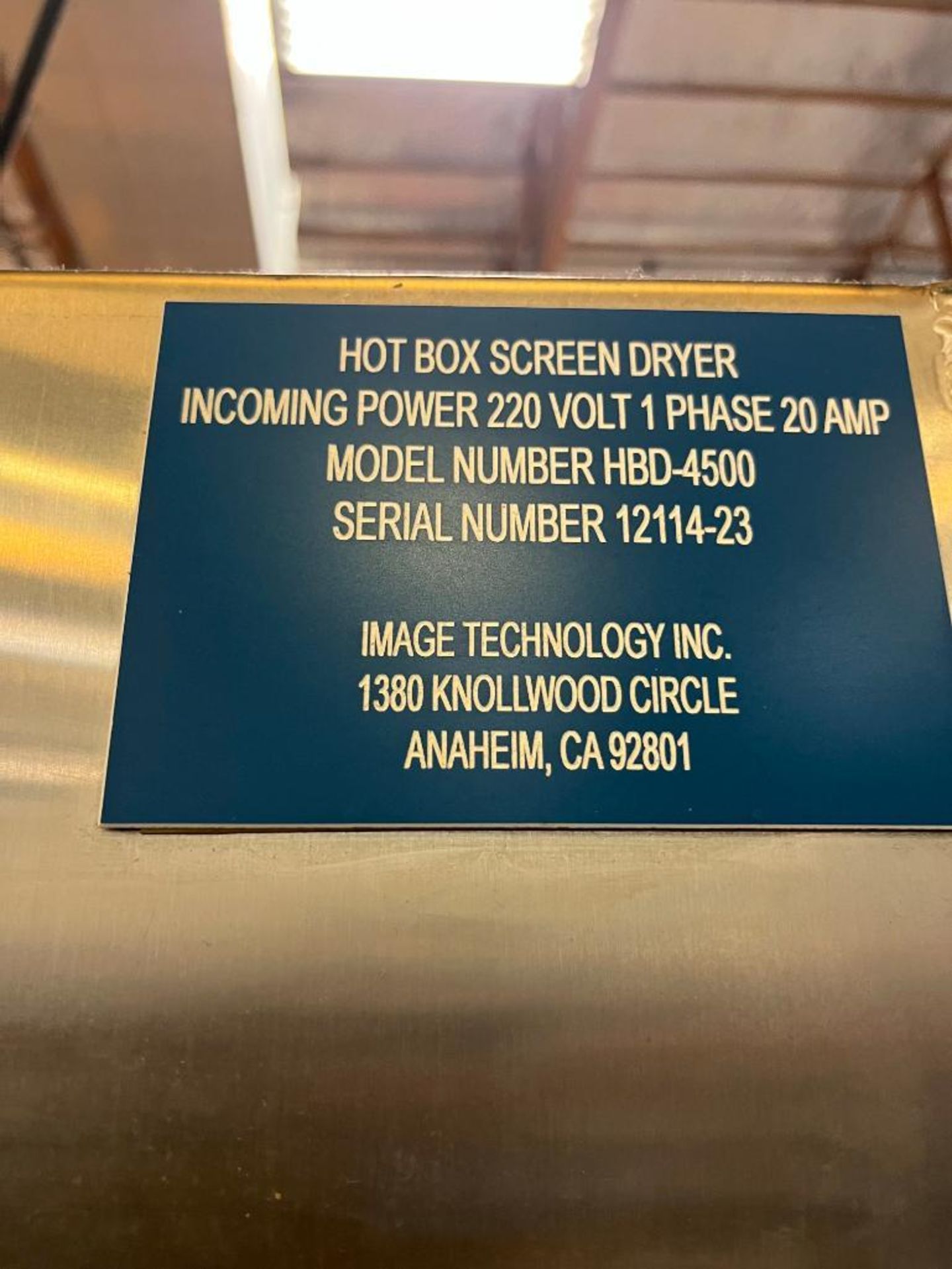 Hot Box Screen Dryer, 220V, 1-PH, 20 AMP, 45" x 45" x 90", Model HBD-4500, S/N 12114-23 - Image 5 of 6